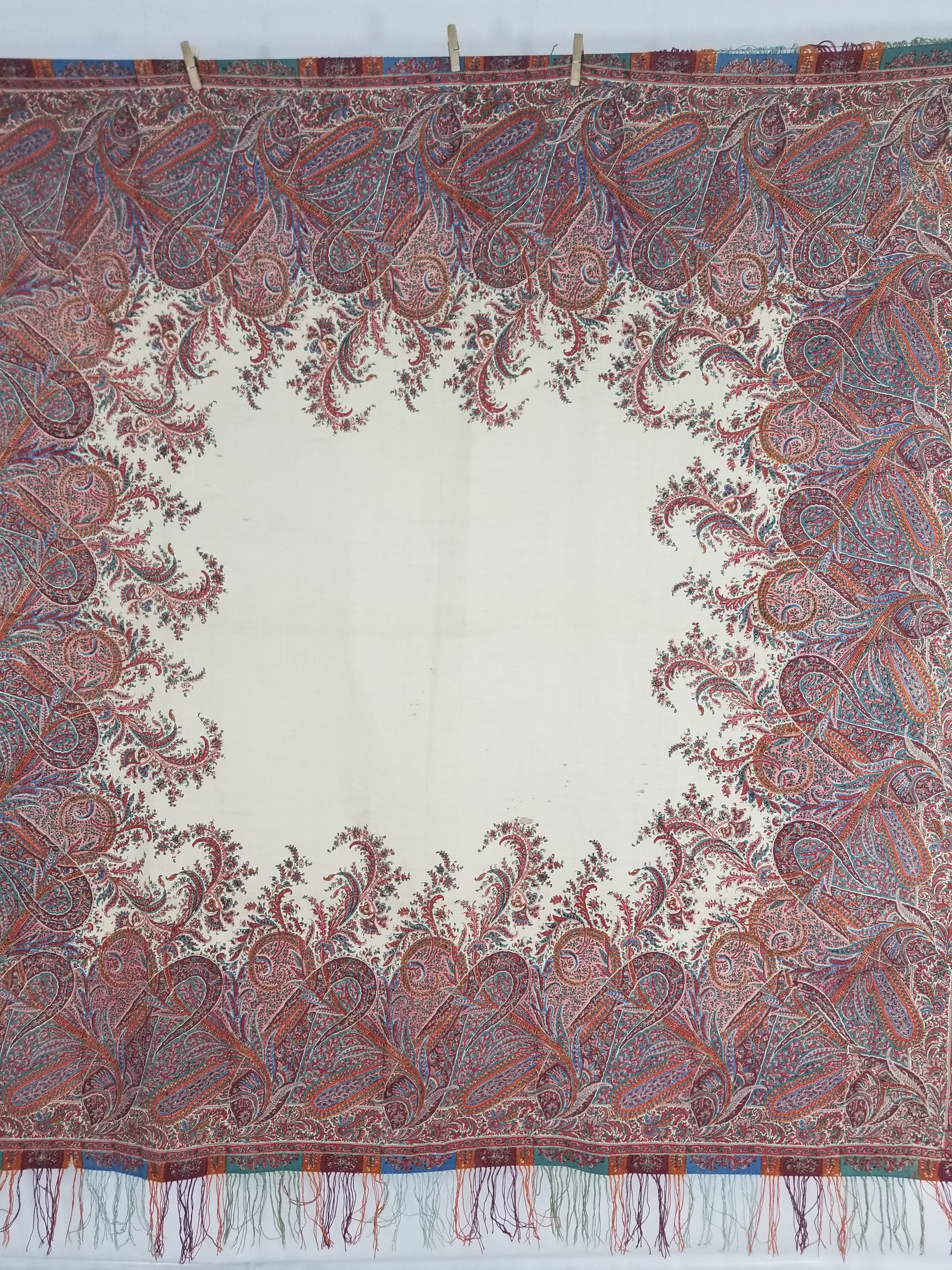 Vintage Traditional Kashmiri Style Printed Paisley Shawl with Multicolor Fringe 171x170cm