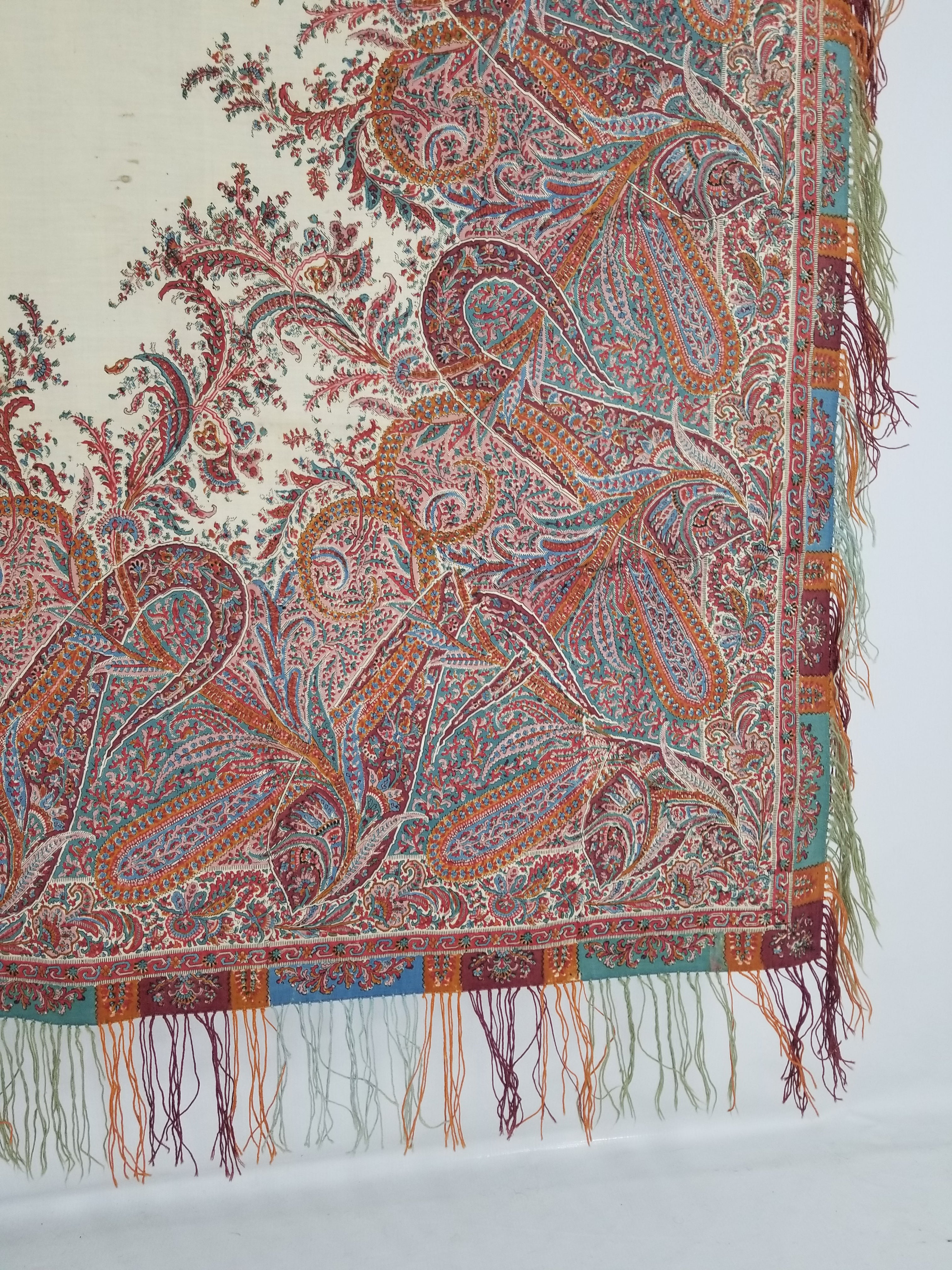 Vintage Traditional Kashmiri Style Printed Paisley Shawl with Multicolor Fringe 171x170cm