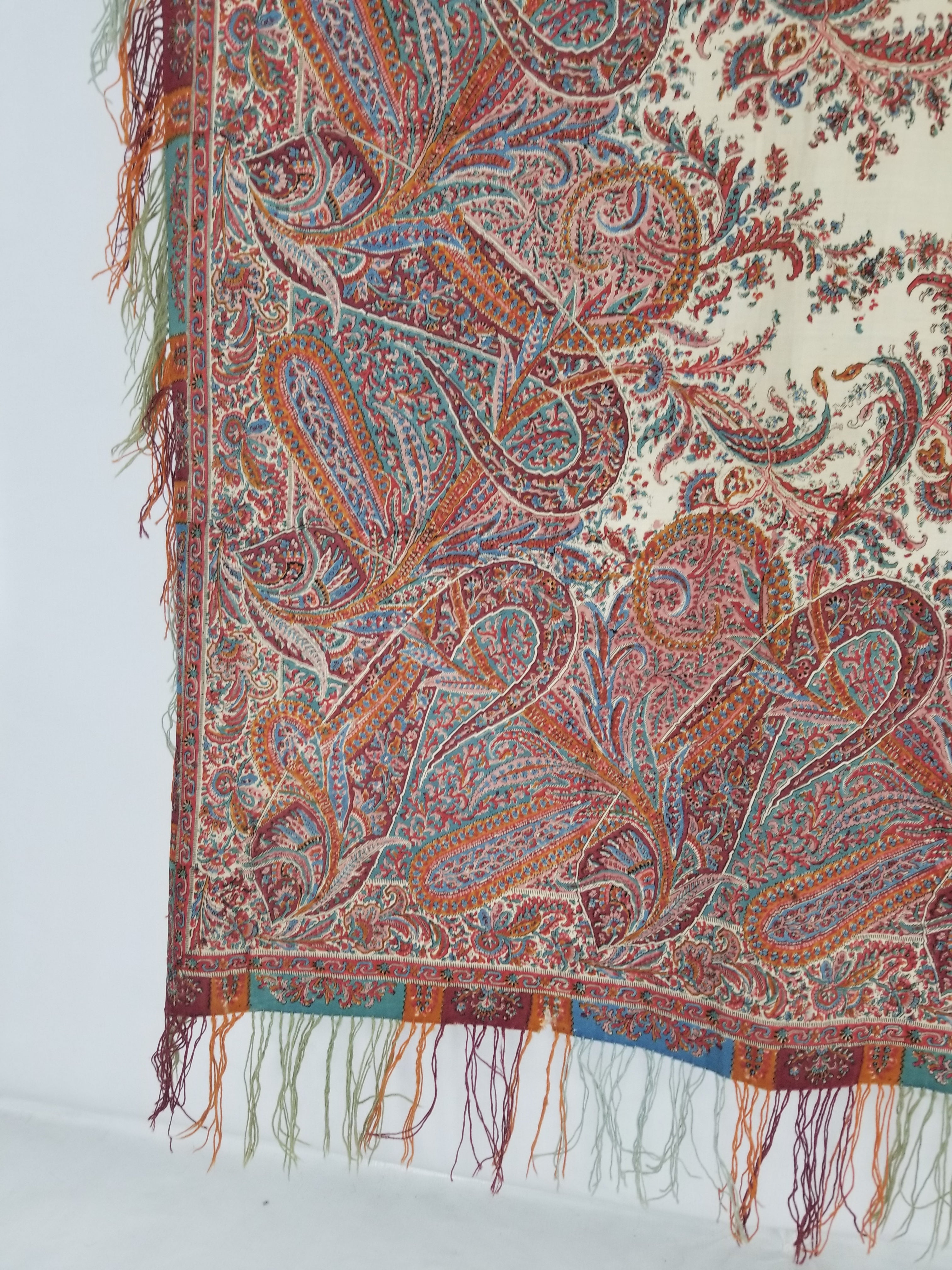 Vintage Traditional Kashmiri Style Printed Paisley Shawl with Multicolor Fringe 171x170cm