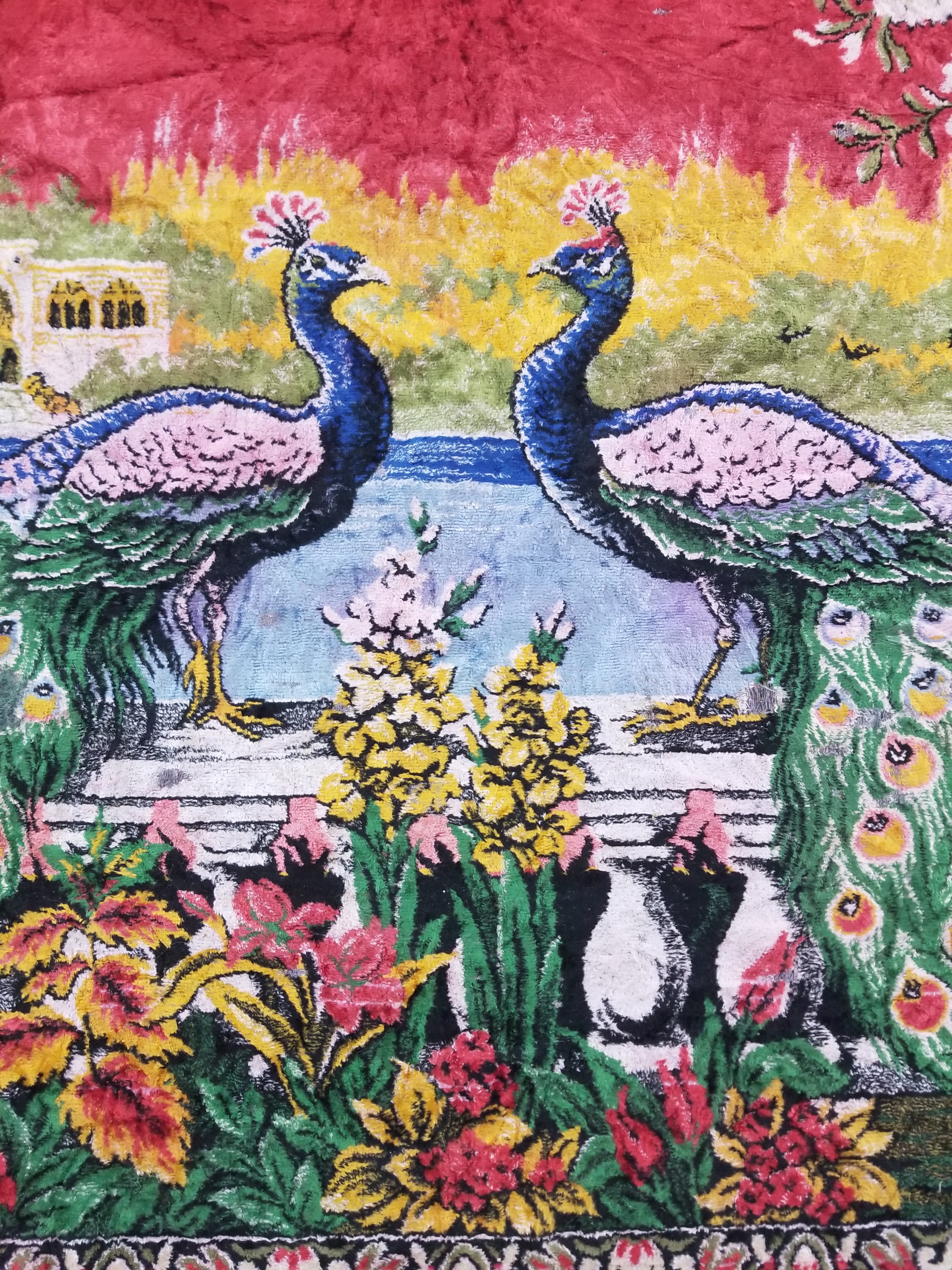 Vintage Turkish Peacock Velvet Wall Hanging Tapestry 166x110cm