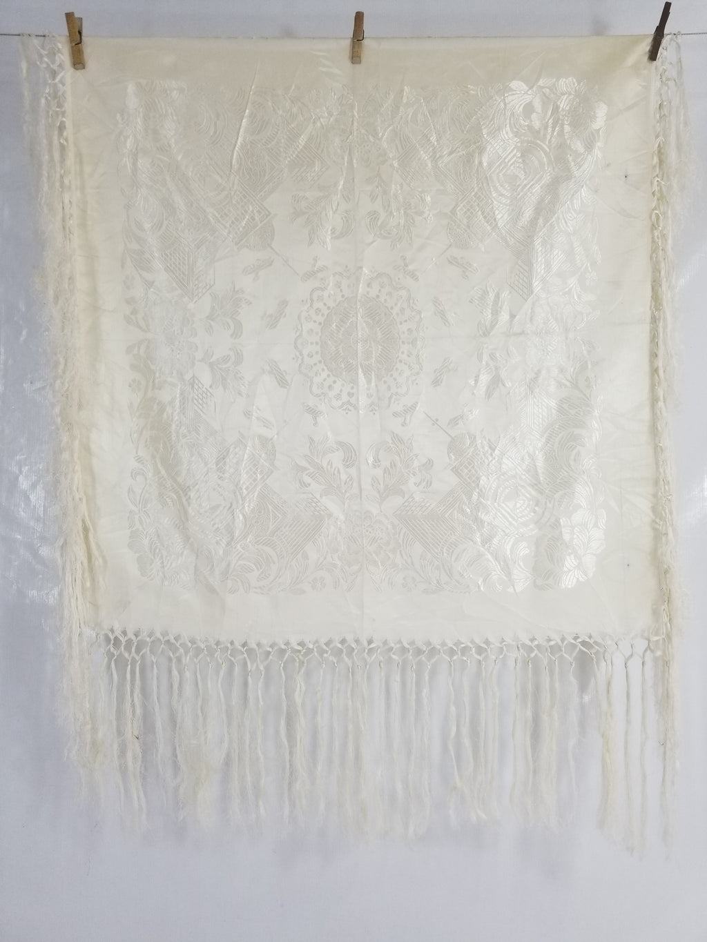 Vintage Off-White Jacquard Taj Mahal Fringed Shawl 86x85cm
