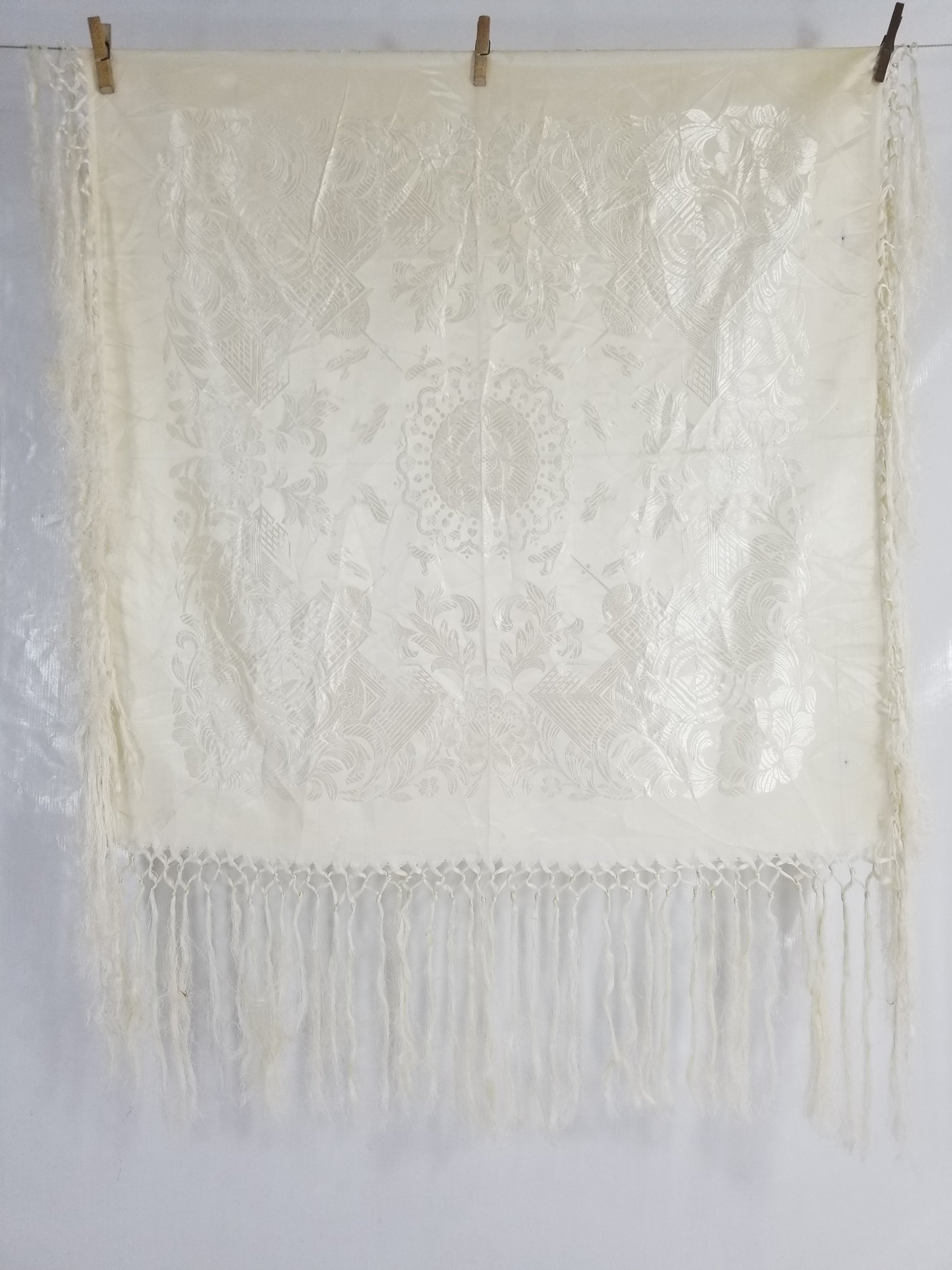 Vintage Off-White Jacquard Taj Mahal Fringed Shawl 86x85cm