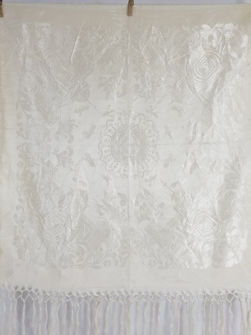 Vintage Off-White Jacquard Taj Mahal Fringed Shawl 86x85cm
