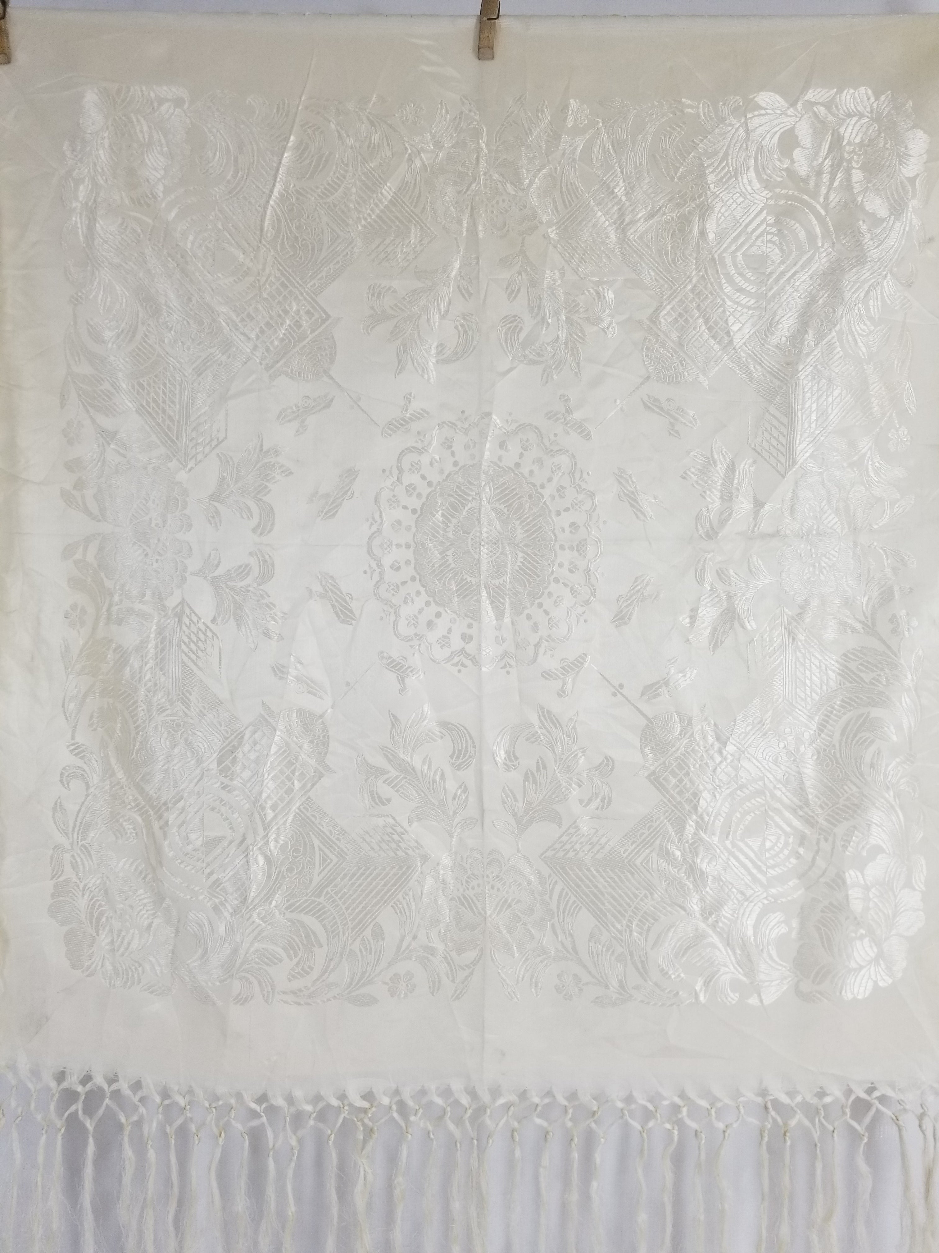 Vintage Off-White Jacquard Taj Mahal Fringed Shawl 86x85cm