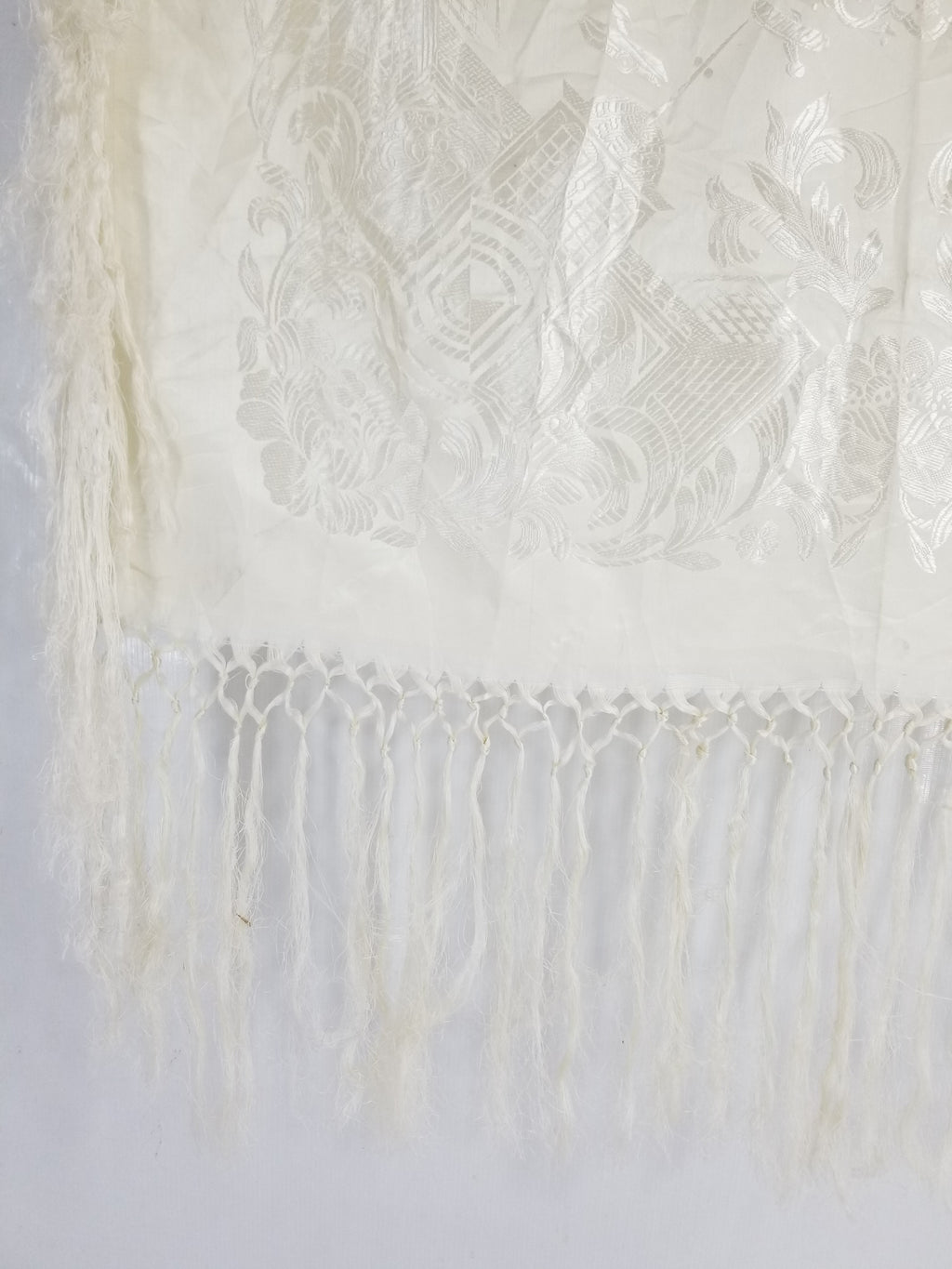Vintage Off-White Jacquard Taj Mahal Fringed Shawl 86x85cm