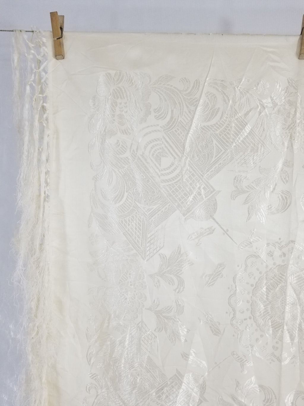 Vintage Off-White Jacquard Taj Mahal Fringed Shawl 86x85cm