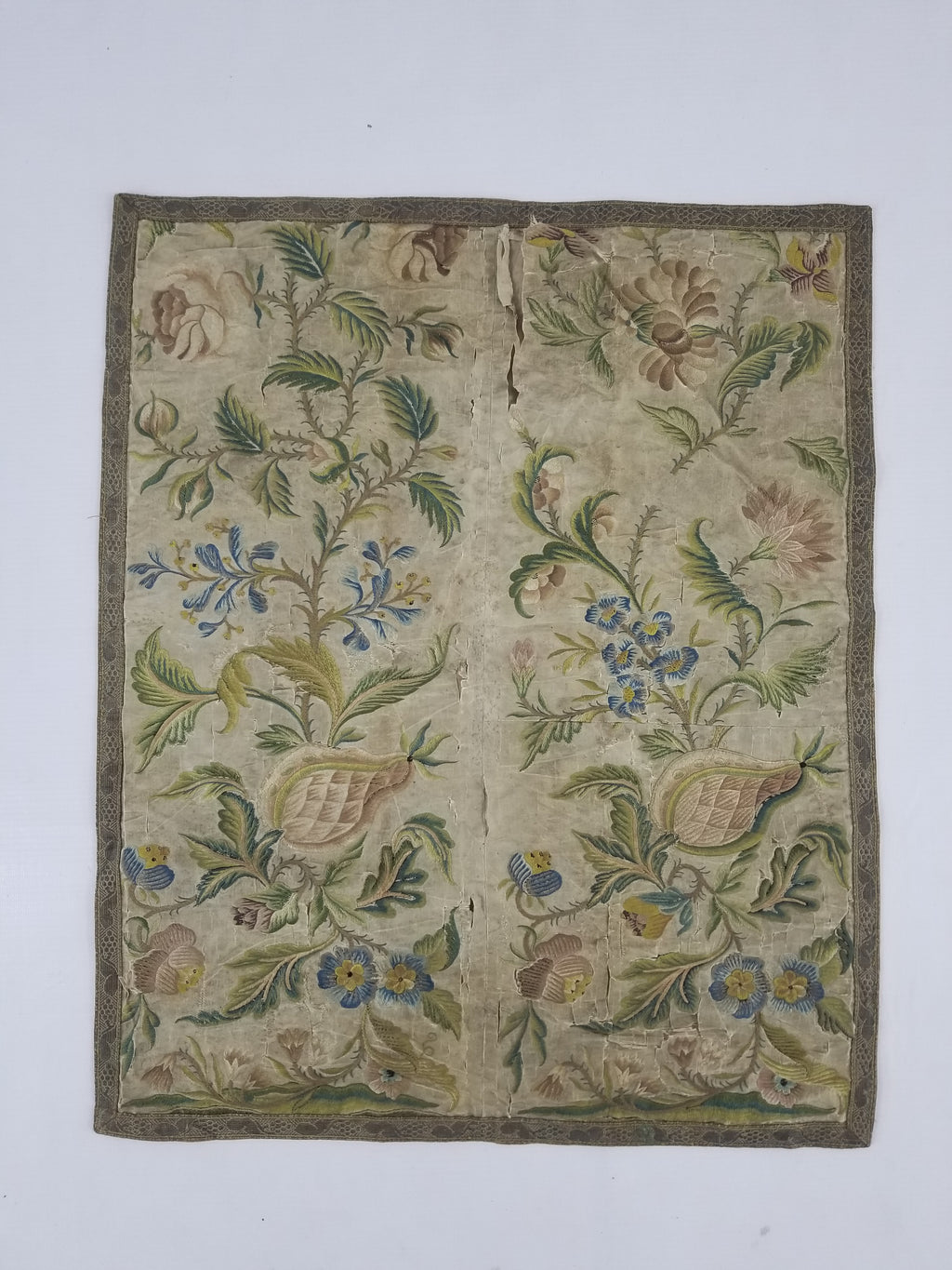 Antique Hand Embroidered Chinoiserie Floral Silk Panel 57x47cm
