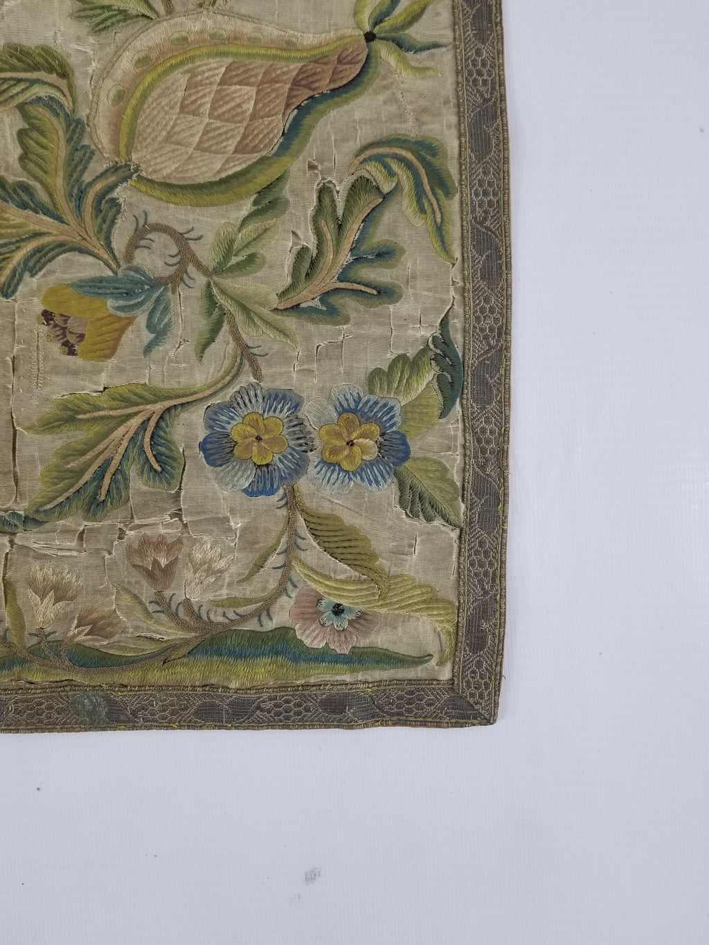 Antique Hand Embroidered Chinoiserie Floral Silk Panel 57x47cm
