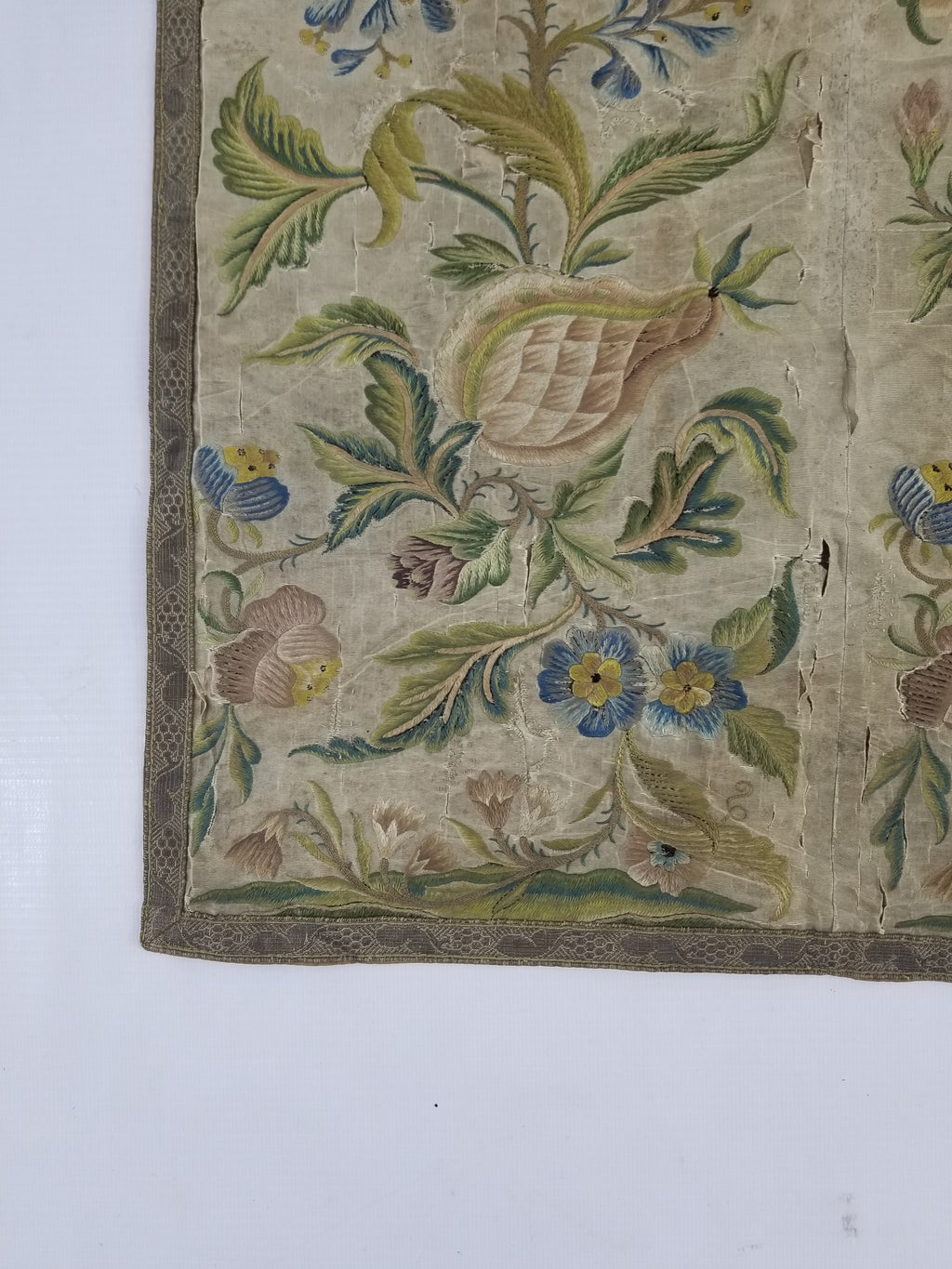 Antique Hand Embroidered Chinoiserie Floral Silk Panel 57x47cm