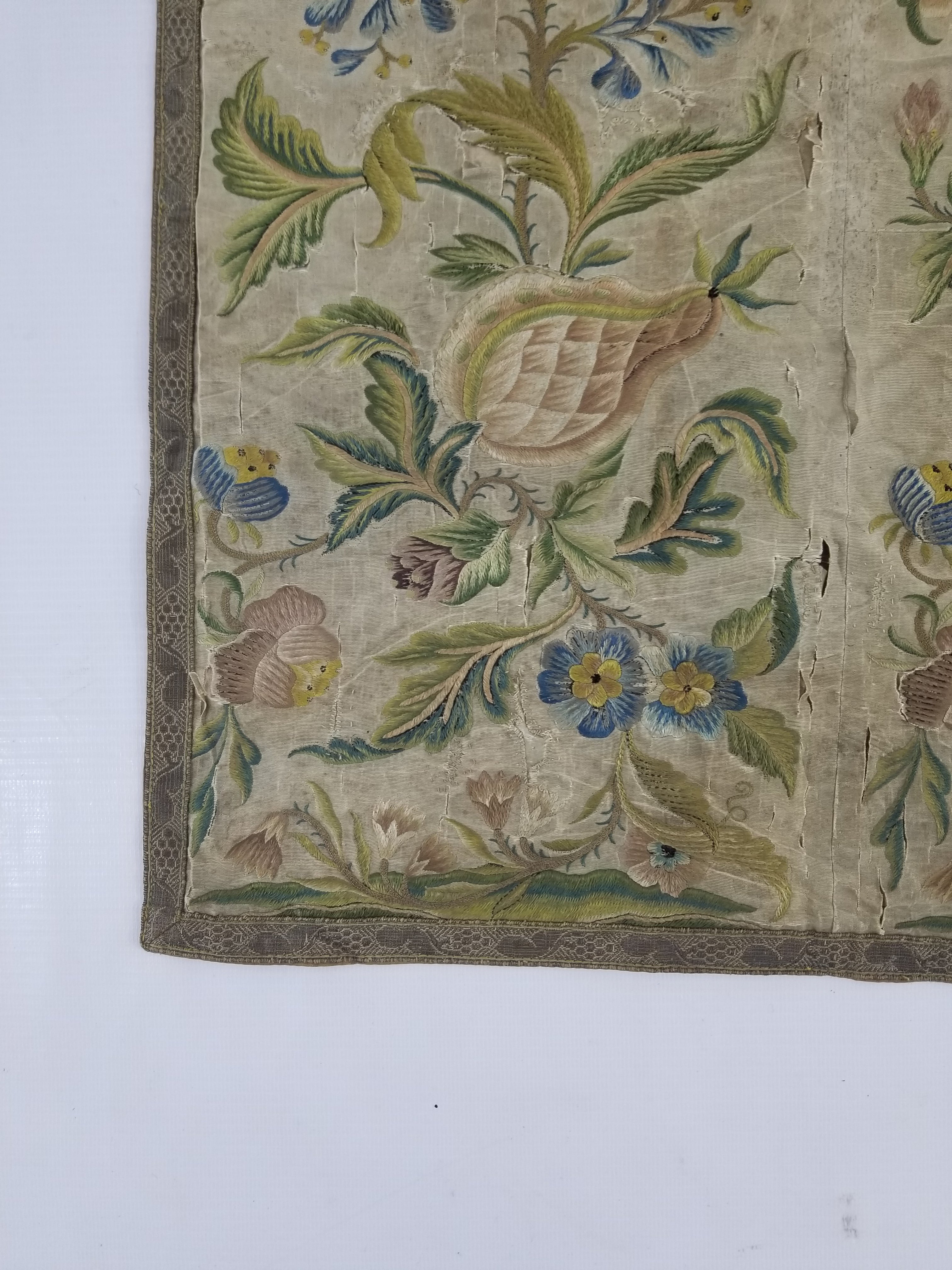 Antique Hand Embroidered Chinoiserie Floral Silk Panel 57x47cm
