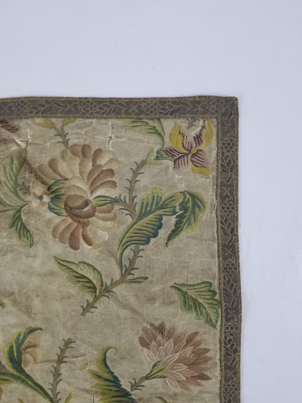 Antique Hand Embroidered Chinoiserie Floral Silk Panel 57x47cm