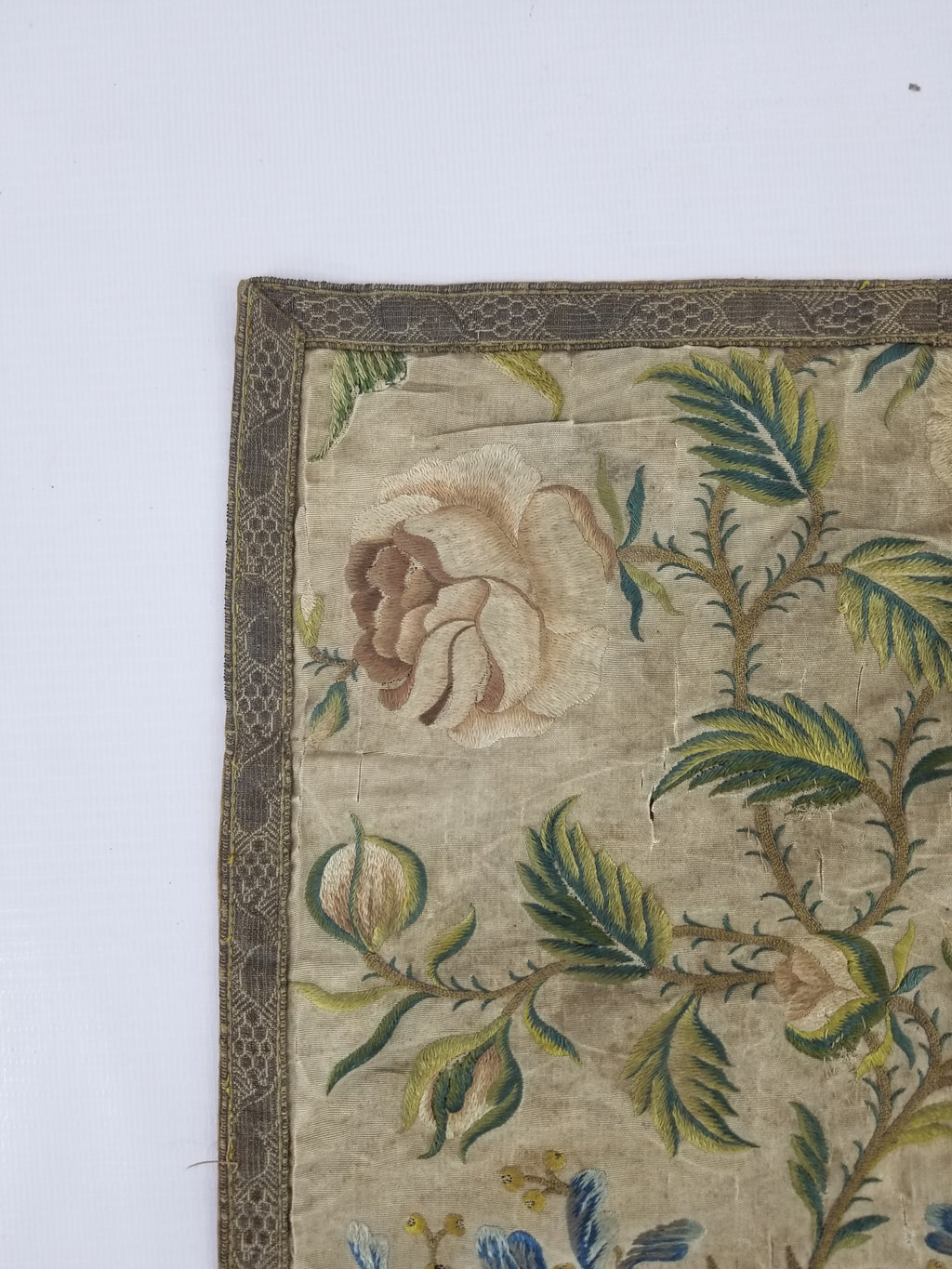 Antique Hand Embroidered Chinoiserie Floral Silk Panel 57x47cm