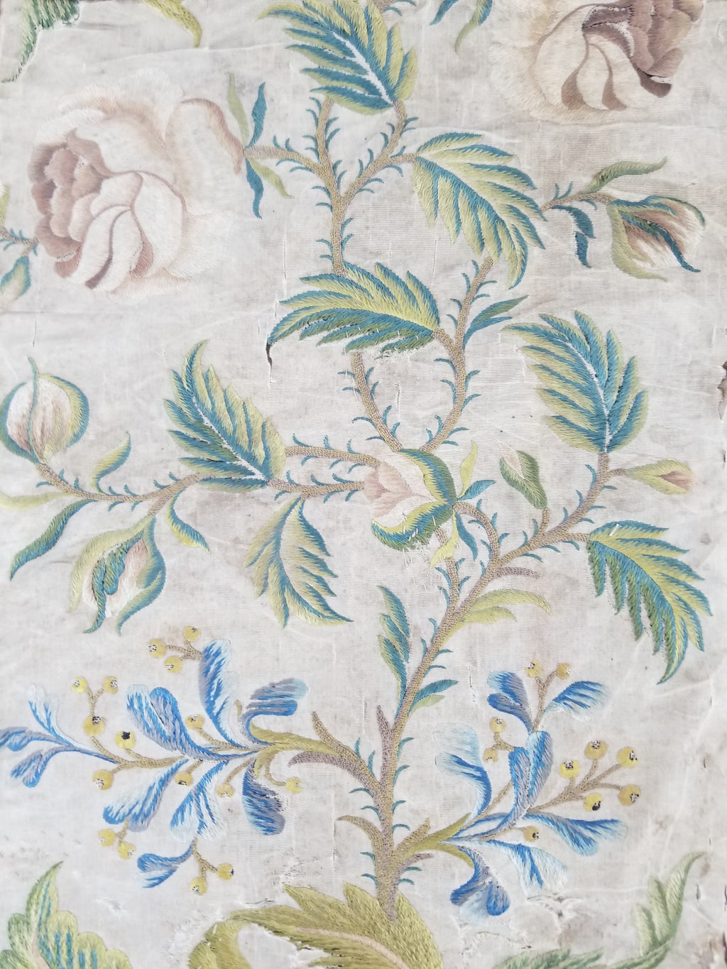 Antique Hand Embroidered Chinoiserie Floral Silk Panel 57x47cm