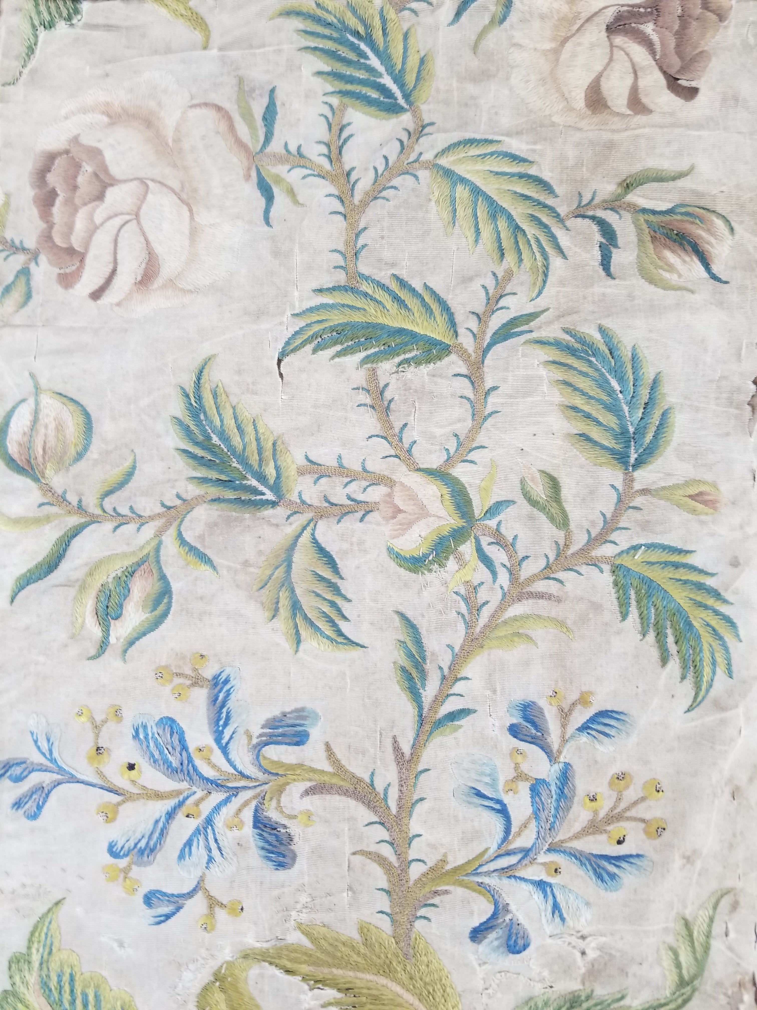 Antique Hand Embroidered Chinoiserie Floral Silk Panel 57x47cm