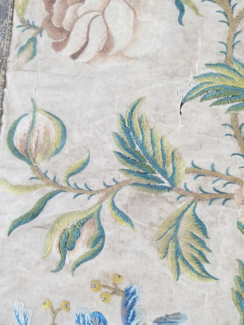 Antique Hand Embroidered Chinoiserie Floral Silk Panel 57x47cm