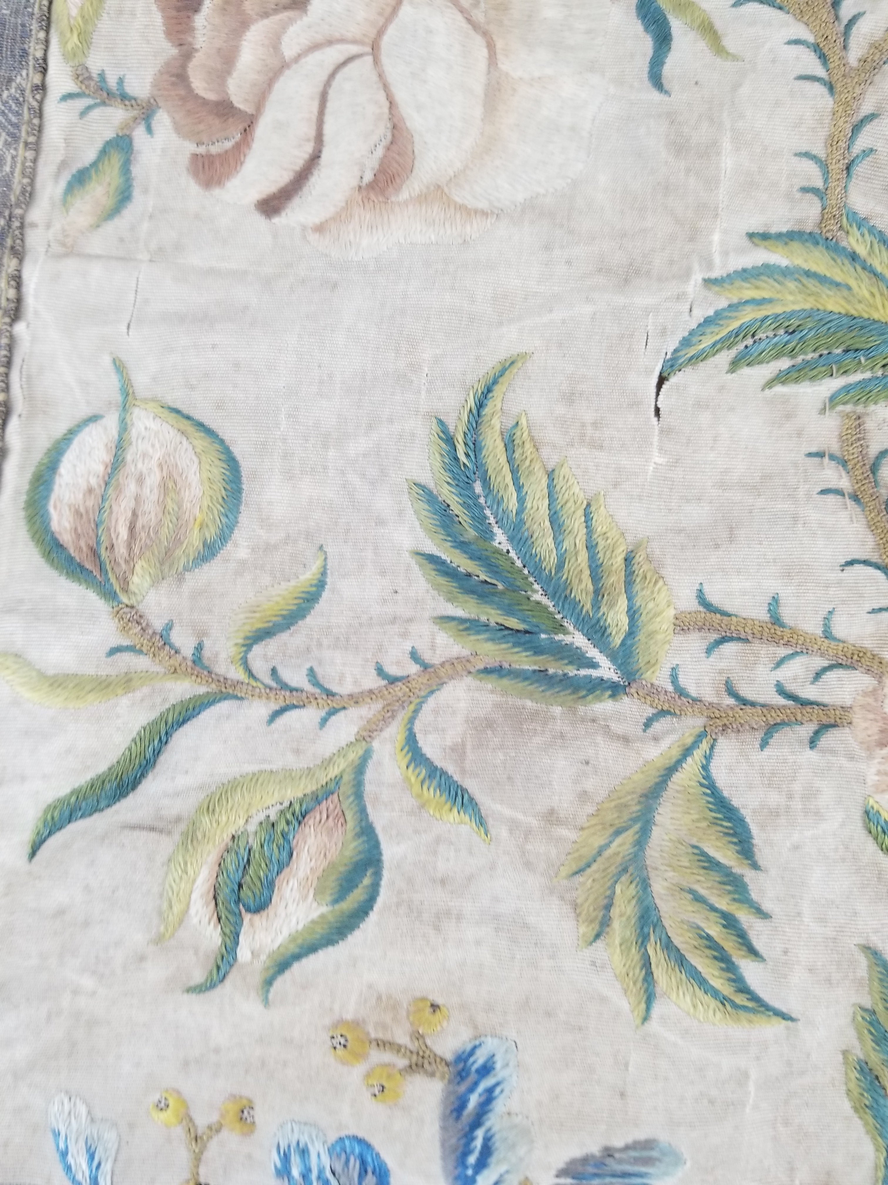 Antique Hand Embroidered Chinoiserie Floral Silk Panel 57x47cm