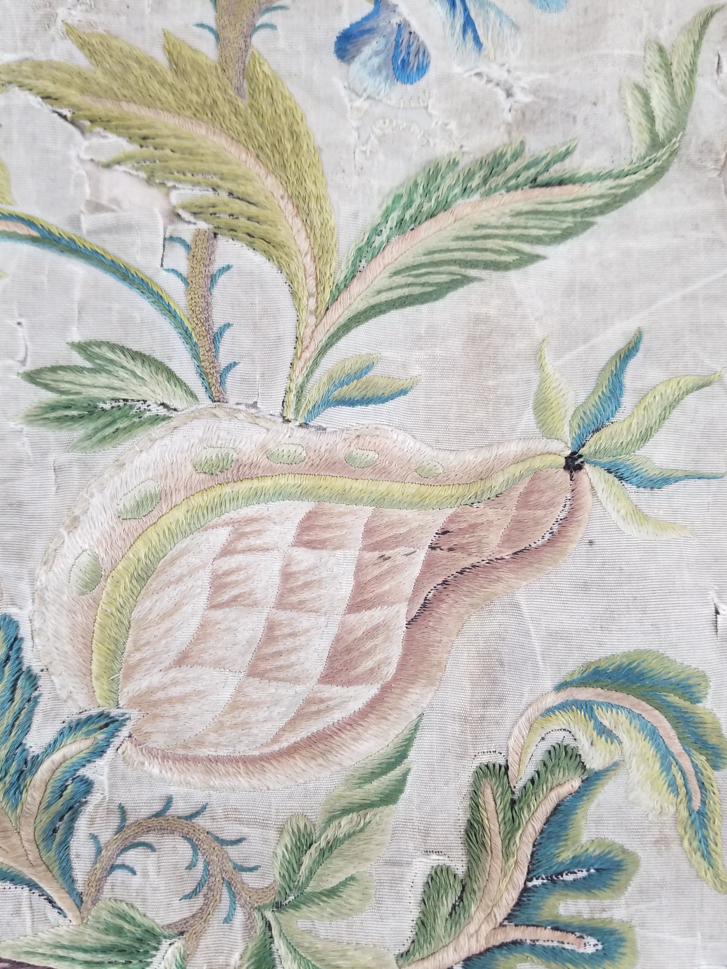 Antique Hand Embroidered Chinoiserie Floral Silk Panel 57x47cm