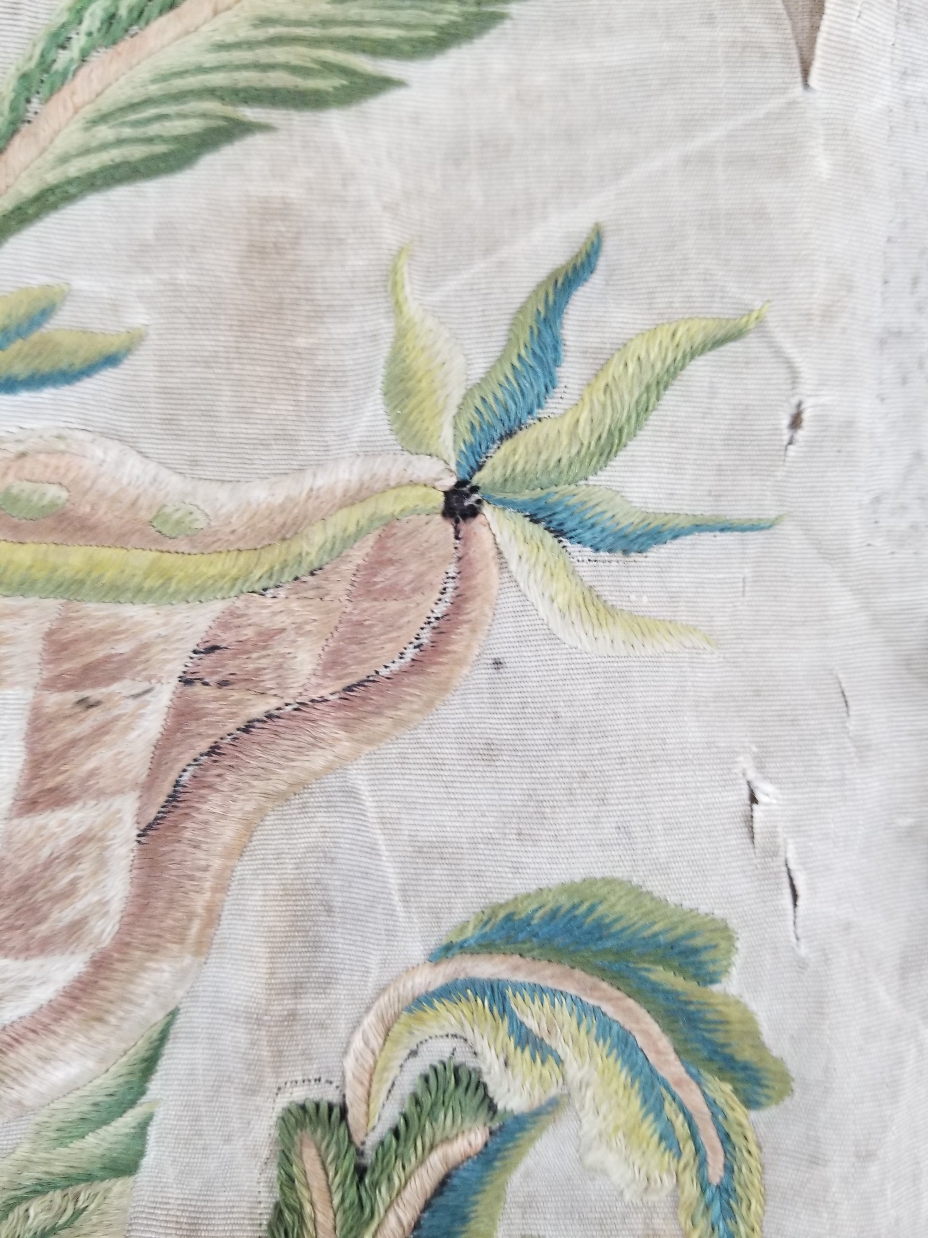 Antique Hand Embroidered Chinoiserie Floral Silk Panel 57x47cm