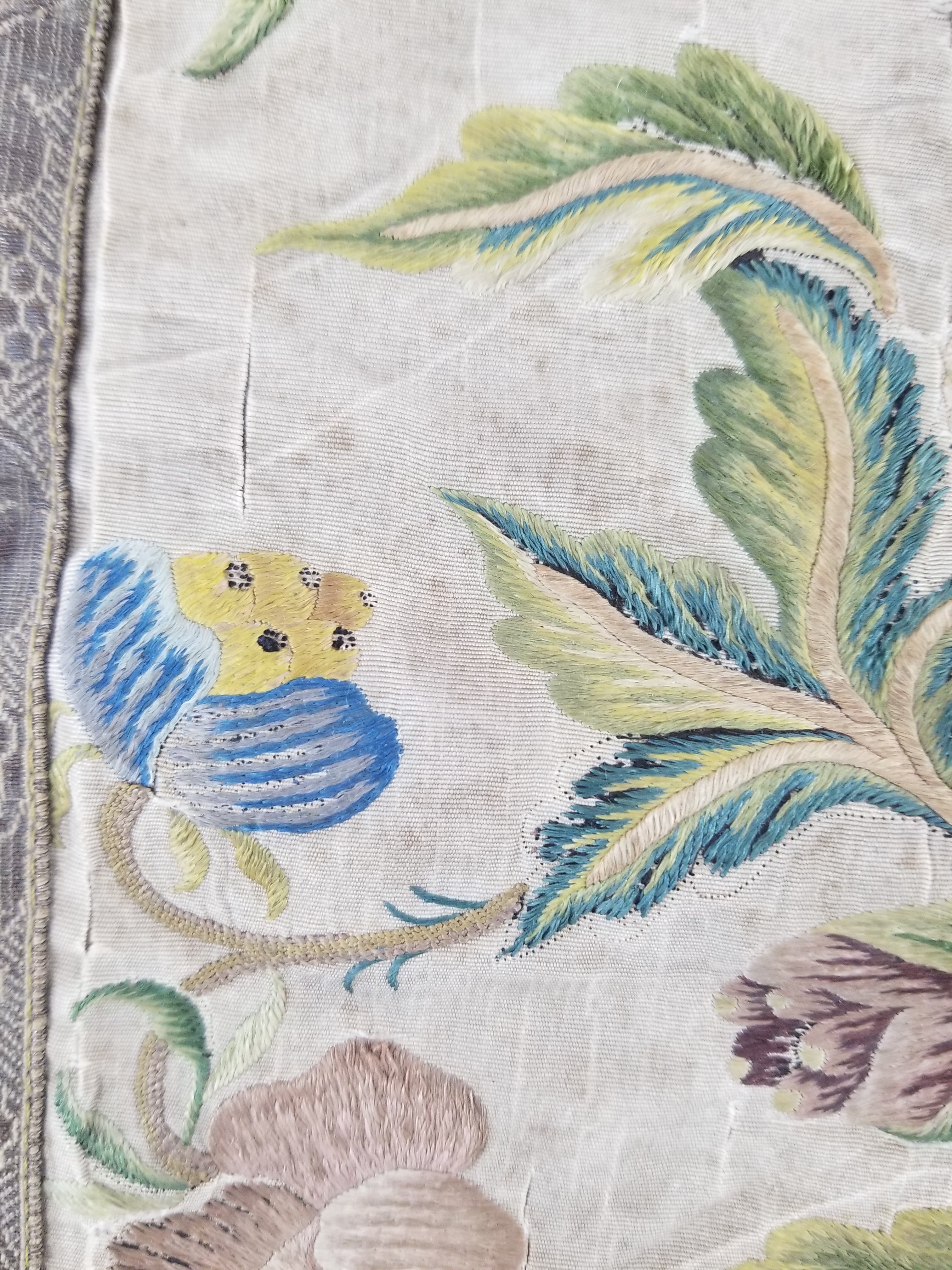 Antique Hand Embroidered Chinoiserie Floral Silk Panel 57x47cm