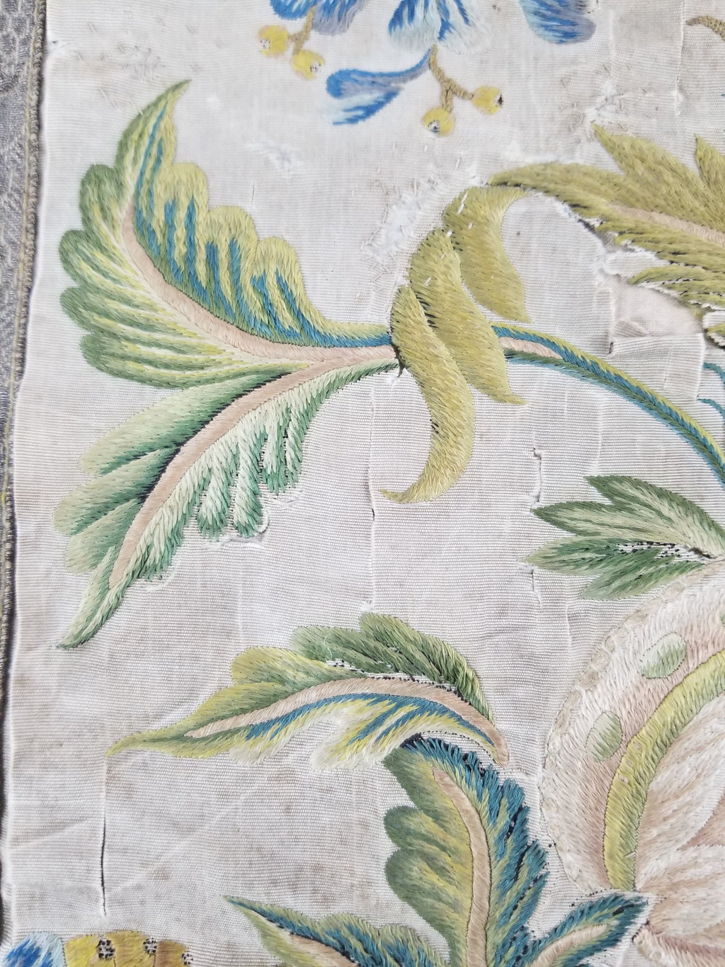 Antique Hand Embroidered Chinoiserie Floral Silk Panel 57x47cm