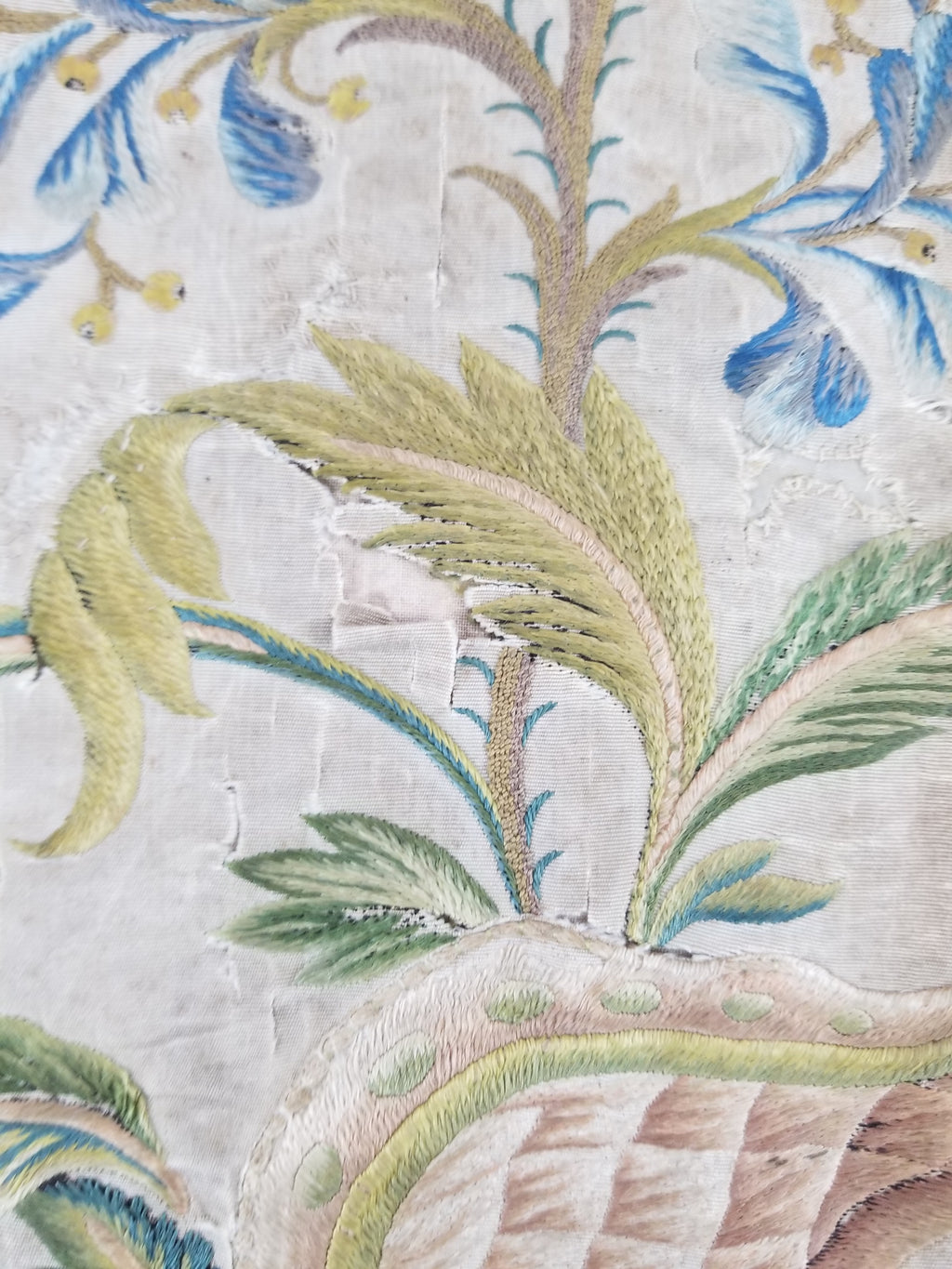 Antique Hand Embroidered Chinoiserie Floral Silk Panel 57x47cm