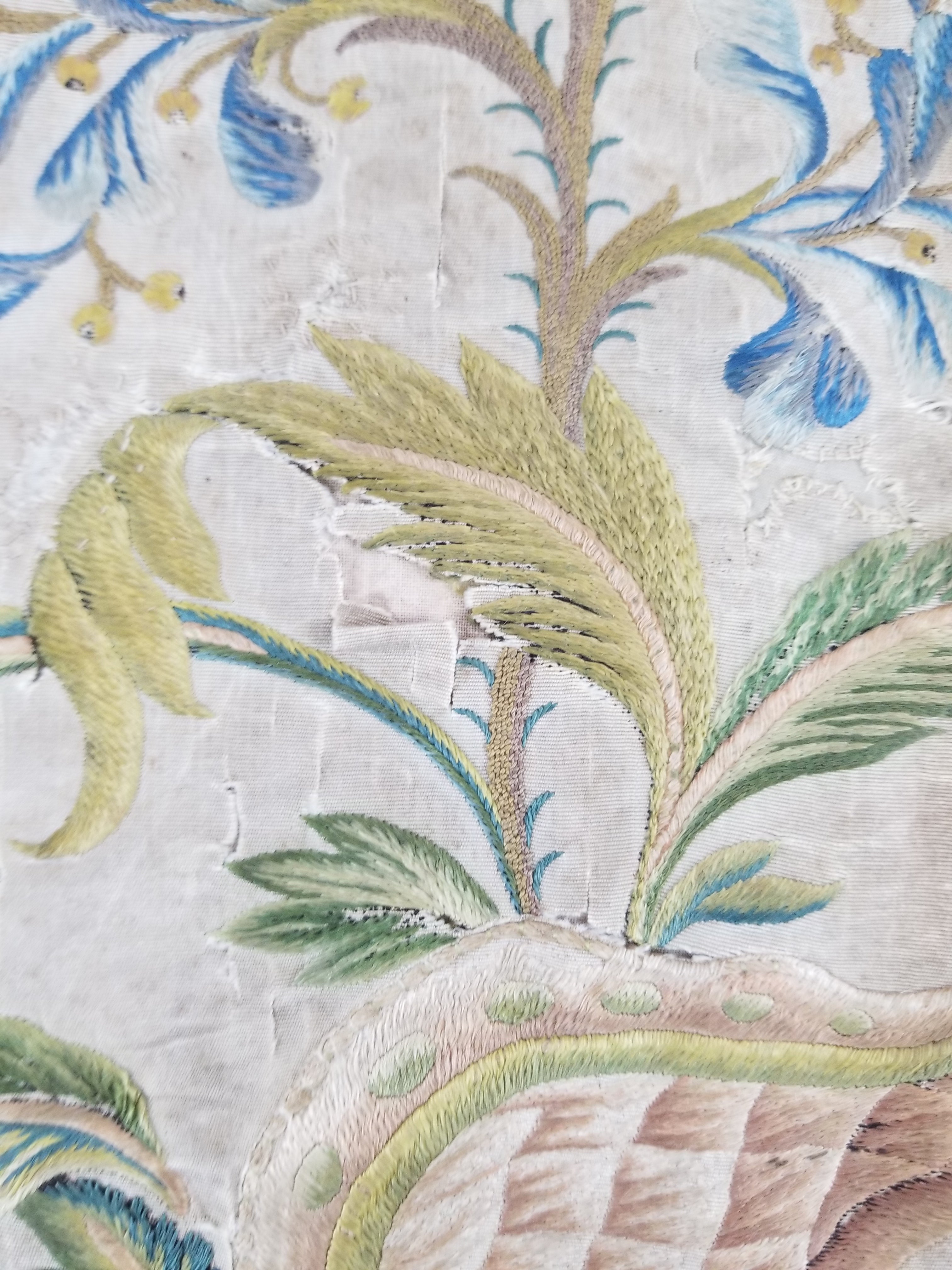 Antique Hand Embroidered Chinoiserie Floral Silk Panel 57x47cm