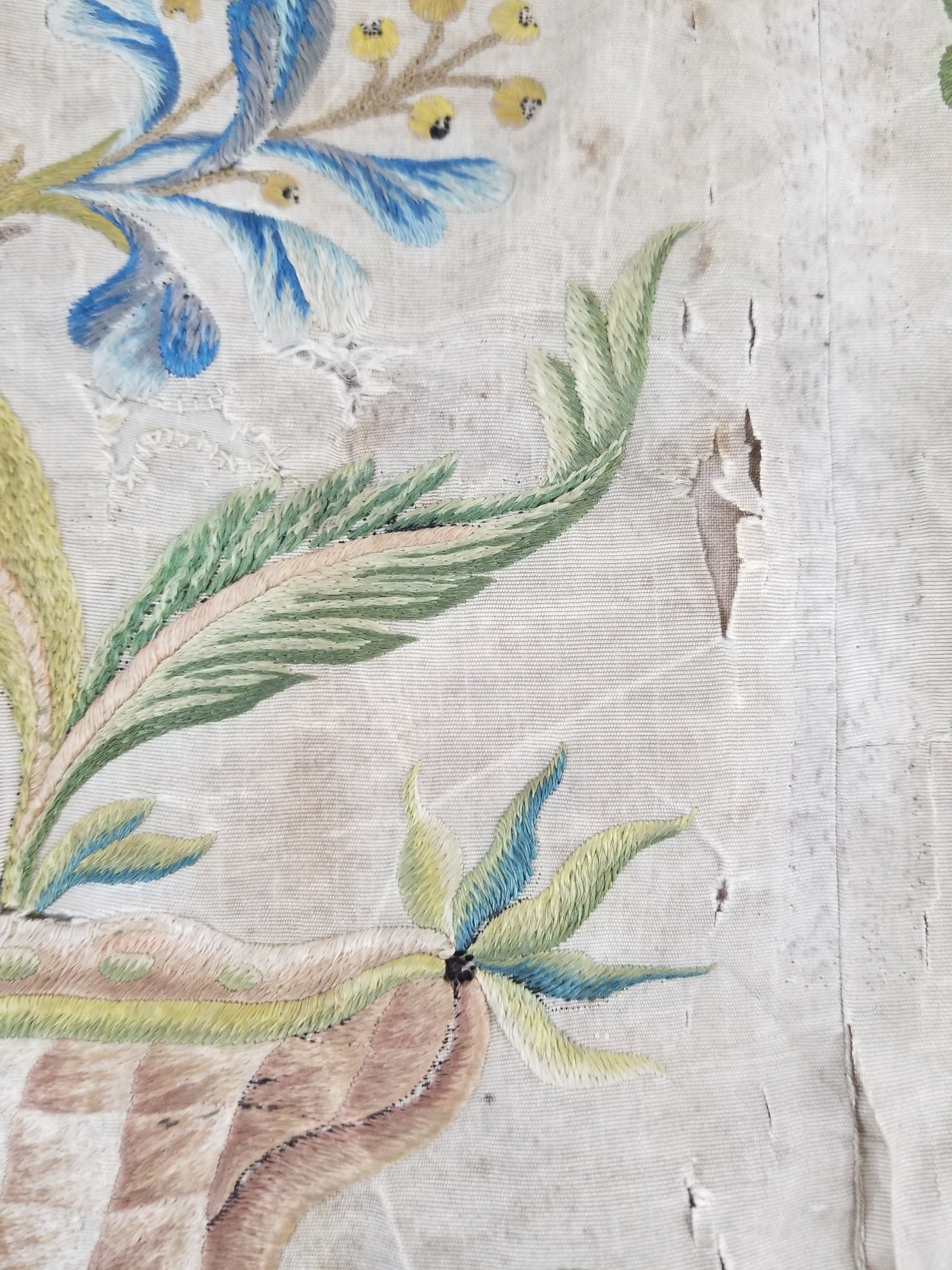 Antique Hand Embroidered Chinoiserie Floral Silk Panel 57x47cm