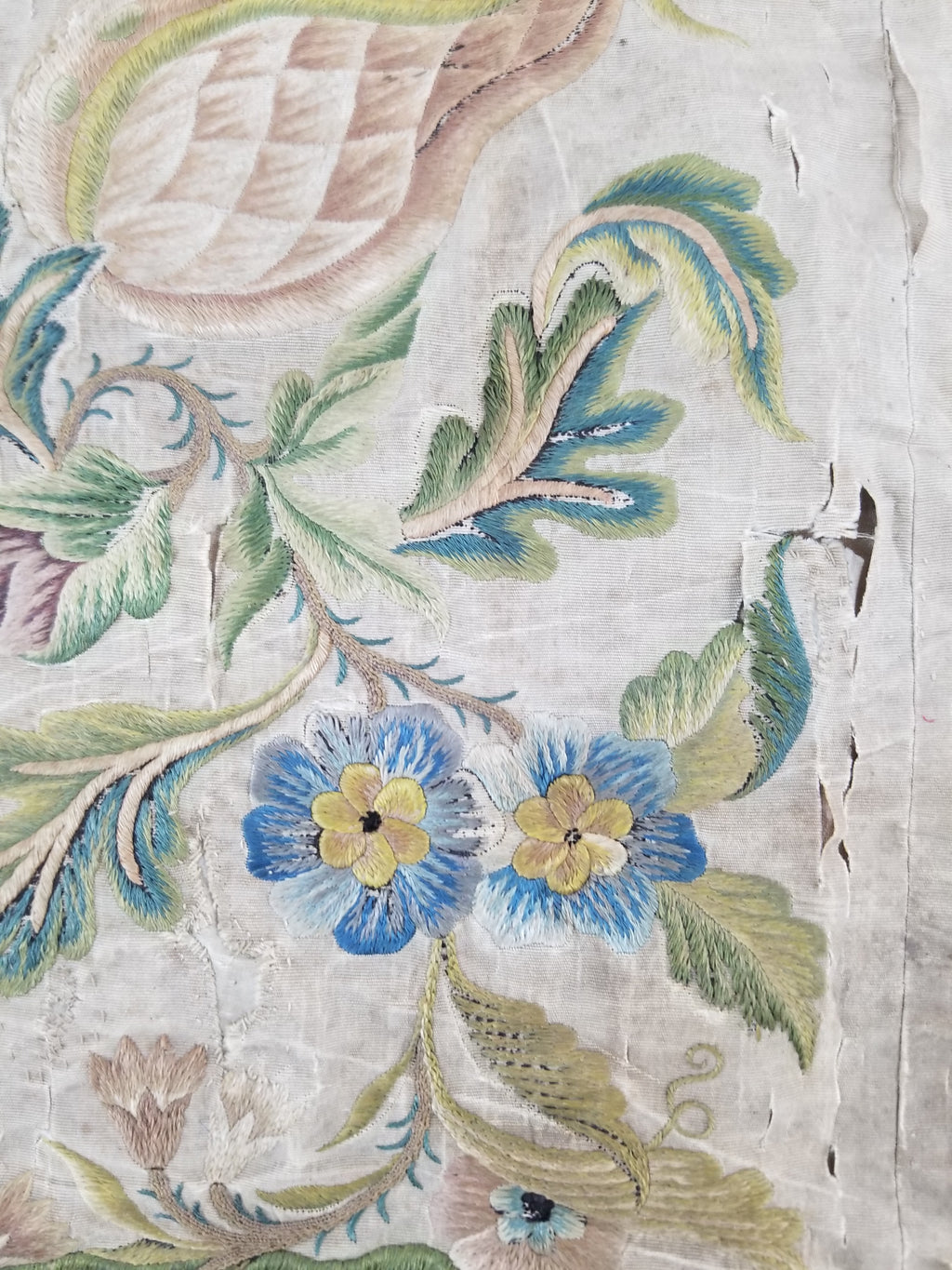 Antique Hand Embroidered Chinoiserie Floral Silk Panel 57x47cm