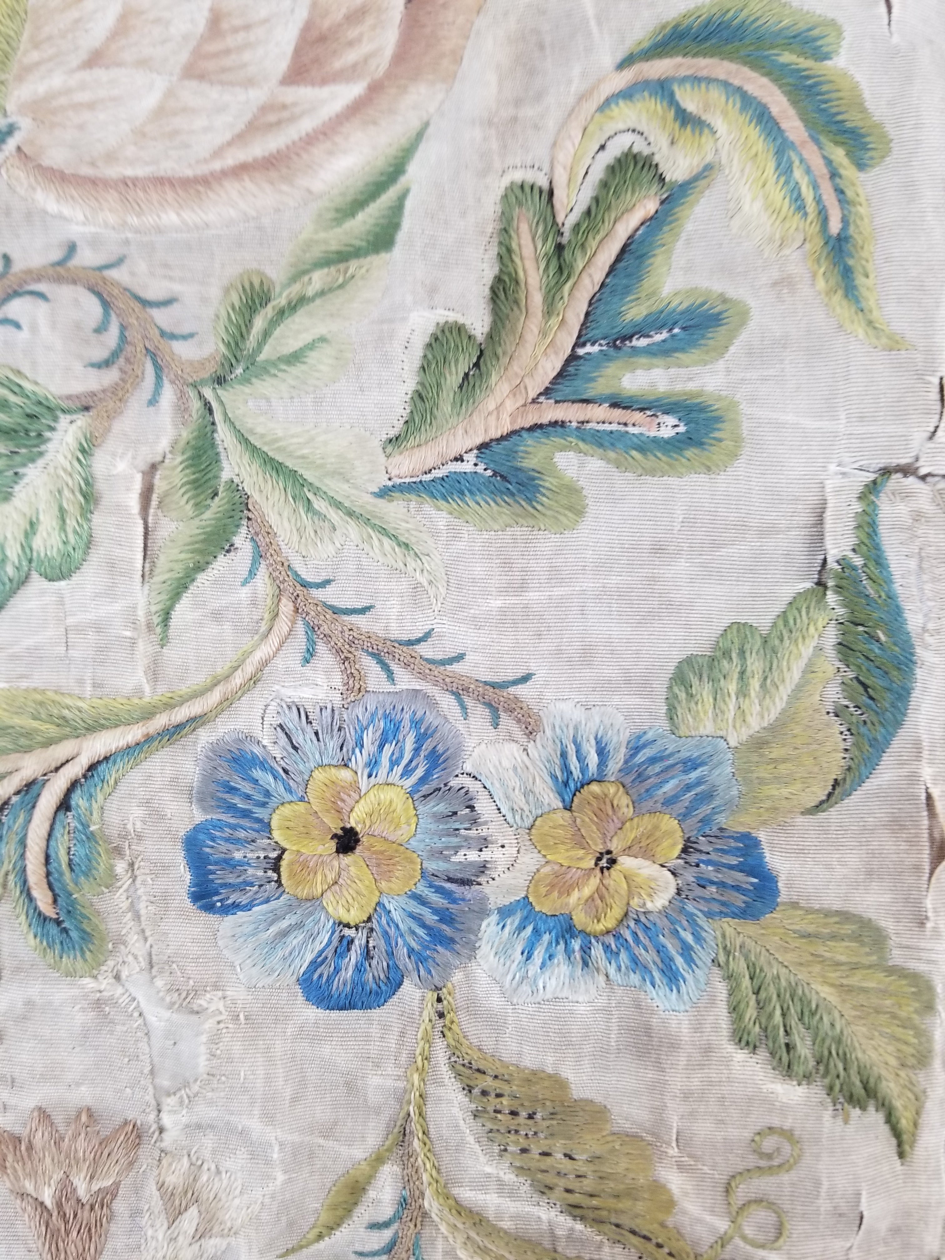 Antique Hand Embroidered Chinoiserie Floral Silk Panel 57x47cm