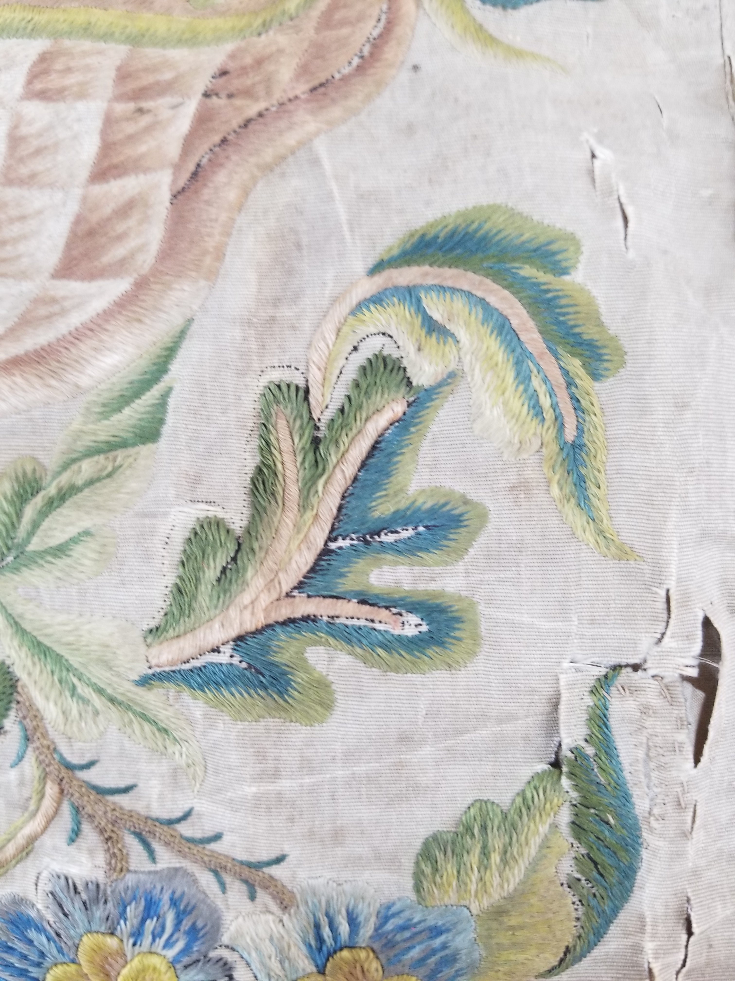 Antique Hand Embroidered Chinoiserie Floral Silk Panel 57x47cm
