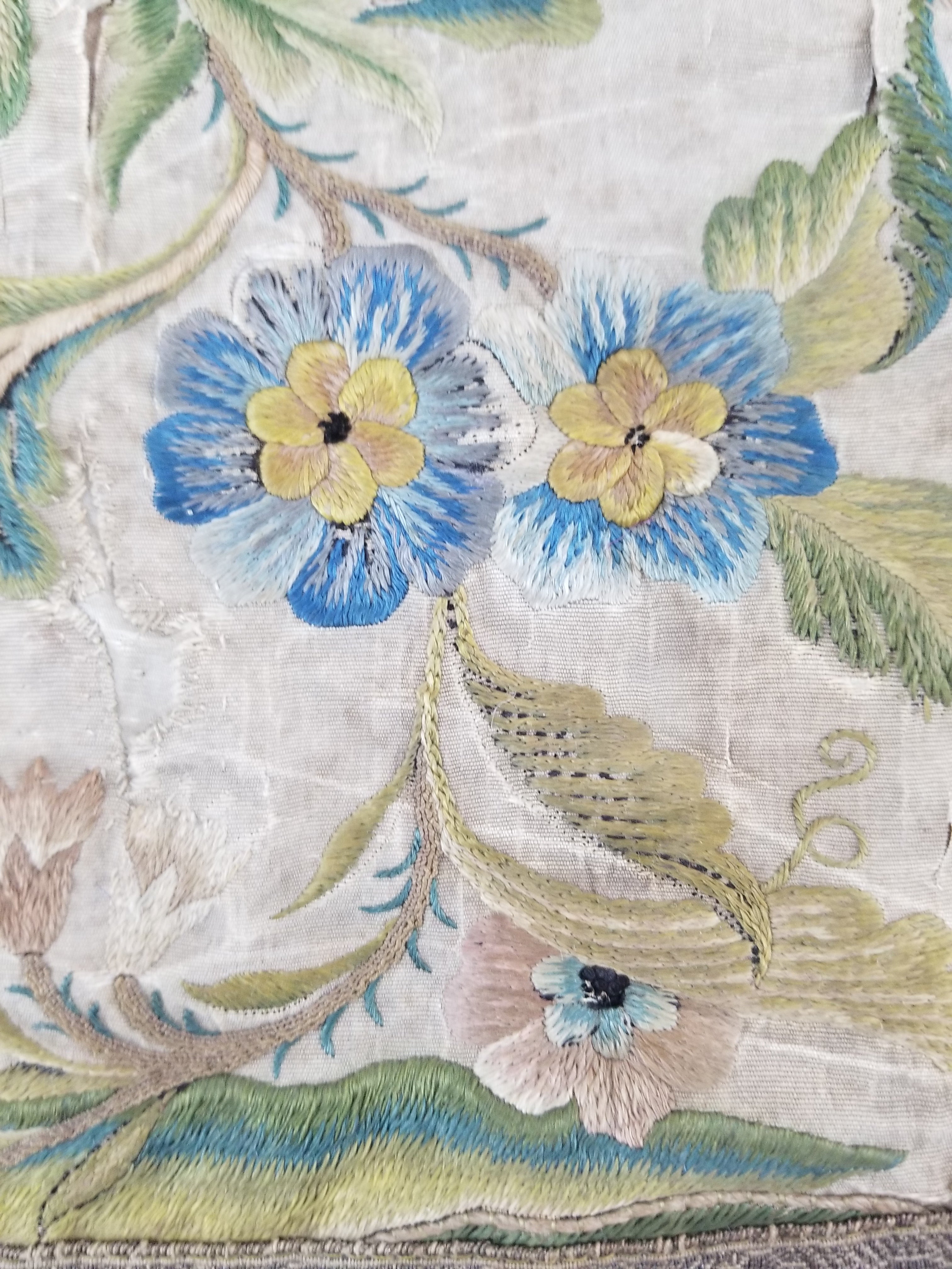 Antique Hand Embroidered Chinoiserie Floral Silk Panel 57x47cm