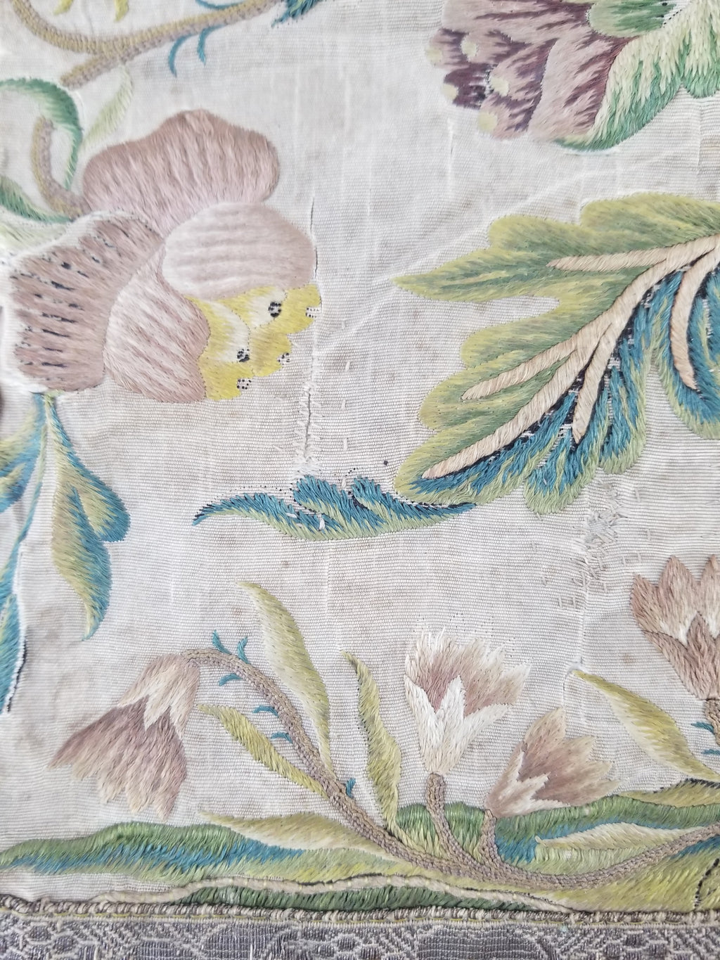 Antique Hand Embroidered Chinoiserie Floral Silk Panel 57x47cm