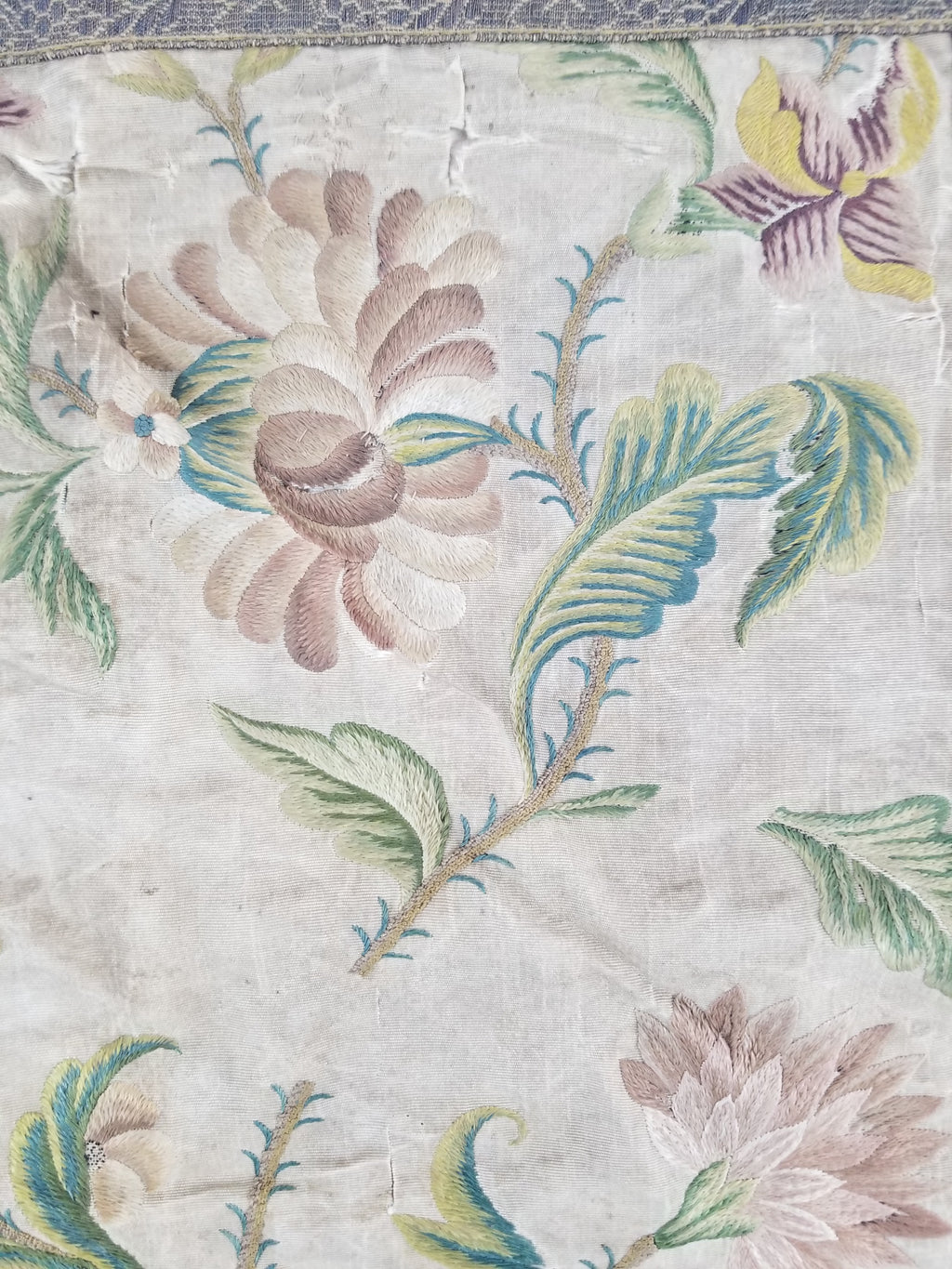 Antique Hand Embroidered Chinoiserie Floral Silk Panel 57x47cm