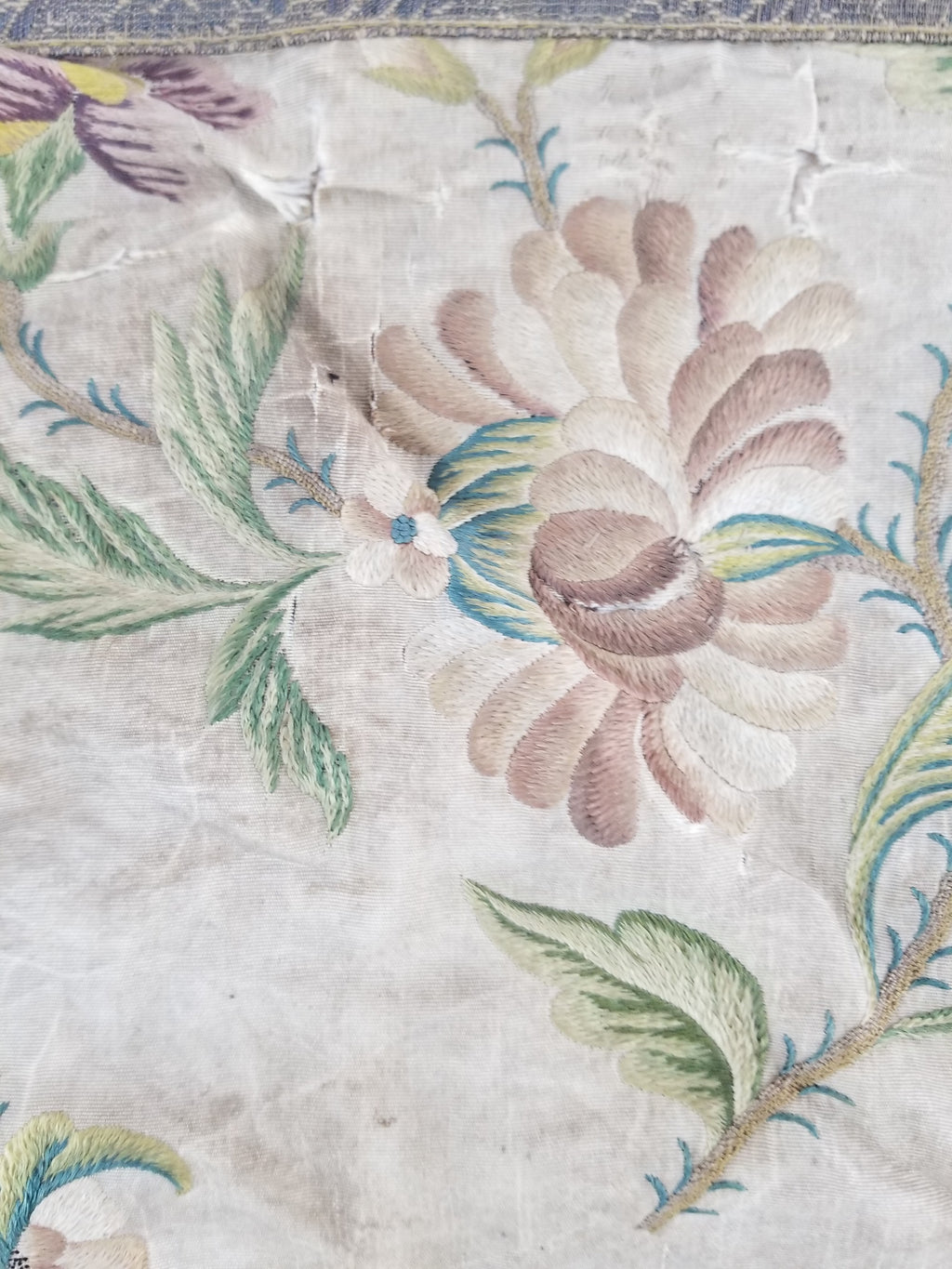 Antique Hand Embroidered Chinoiserie Floral Silk Panel 57x47cm