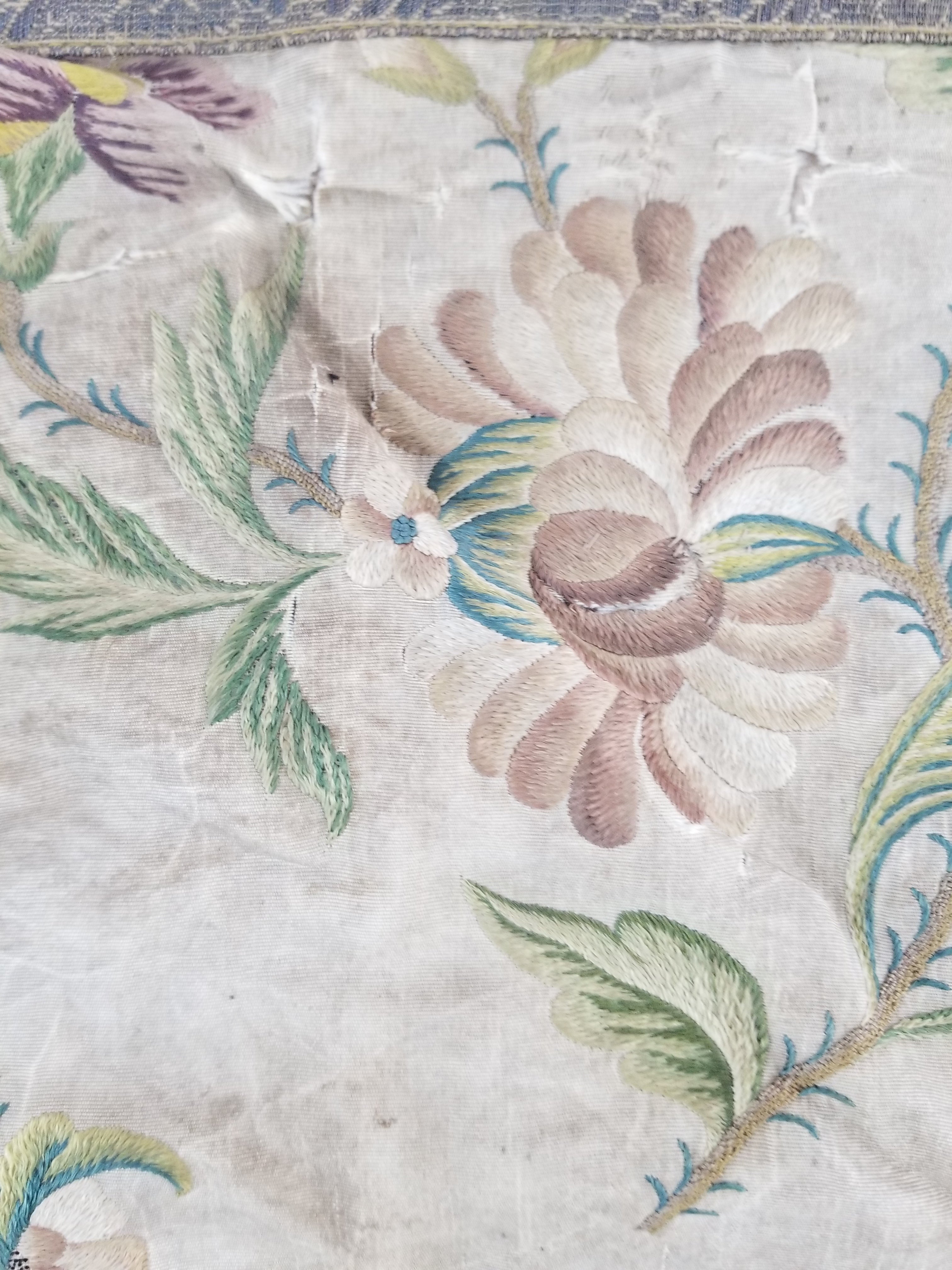 Antique Hand Embroidered Chinoiserie Floral Silk Panel 57x47cm