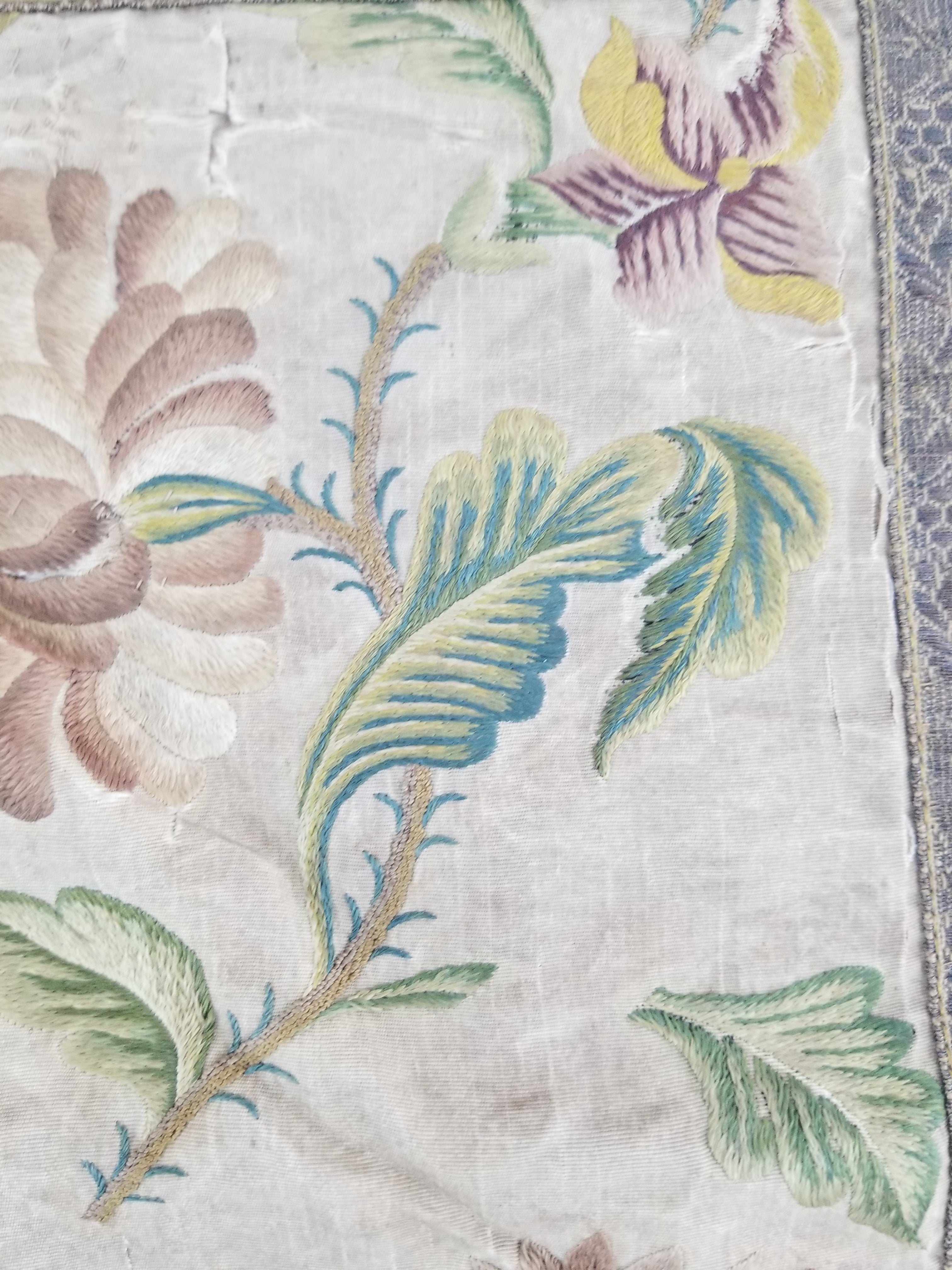 Antique Hand Embroidered Chinoiserie Floral Silk Panel 57x47cm