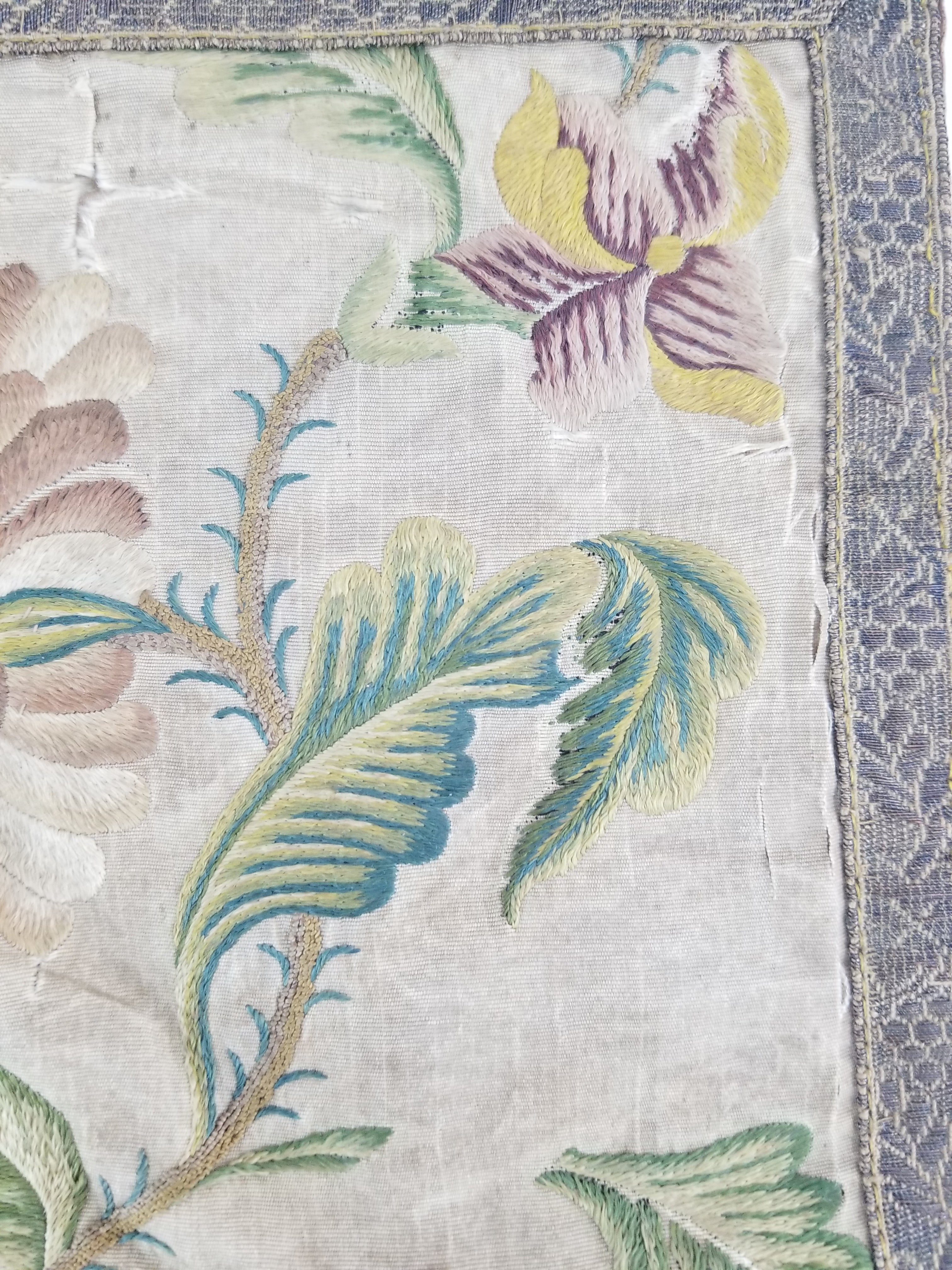Antique Hand Embroidered Chinoiserie Floral Silk Panel 57x47cm