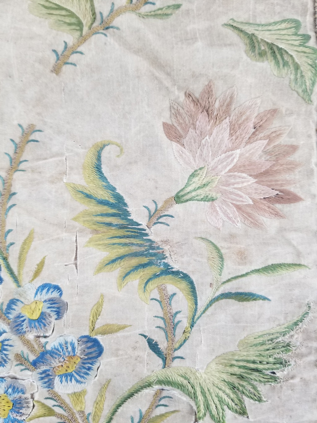 Antique Hand Embroidered Chinoiserie Floral Silk Panel 57x47cm