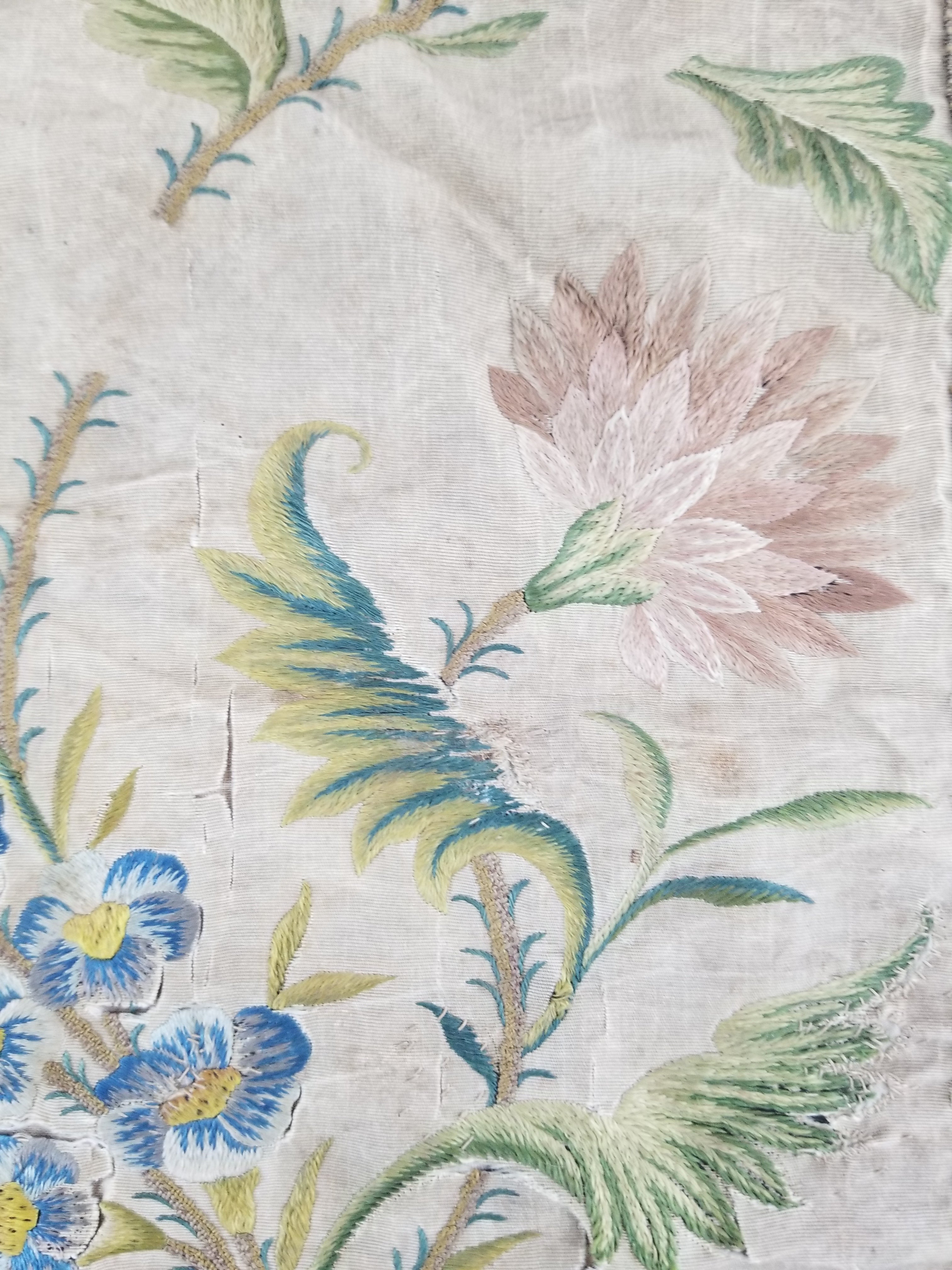 Antique Hand Embroidered Chinoiserie Floral Silk Panel 57x47cm