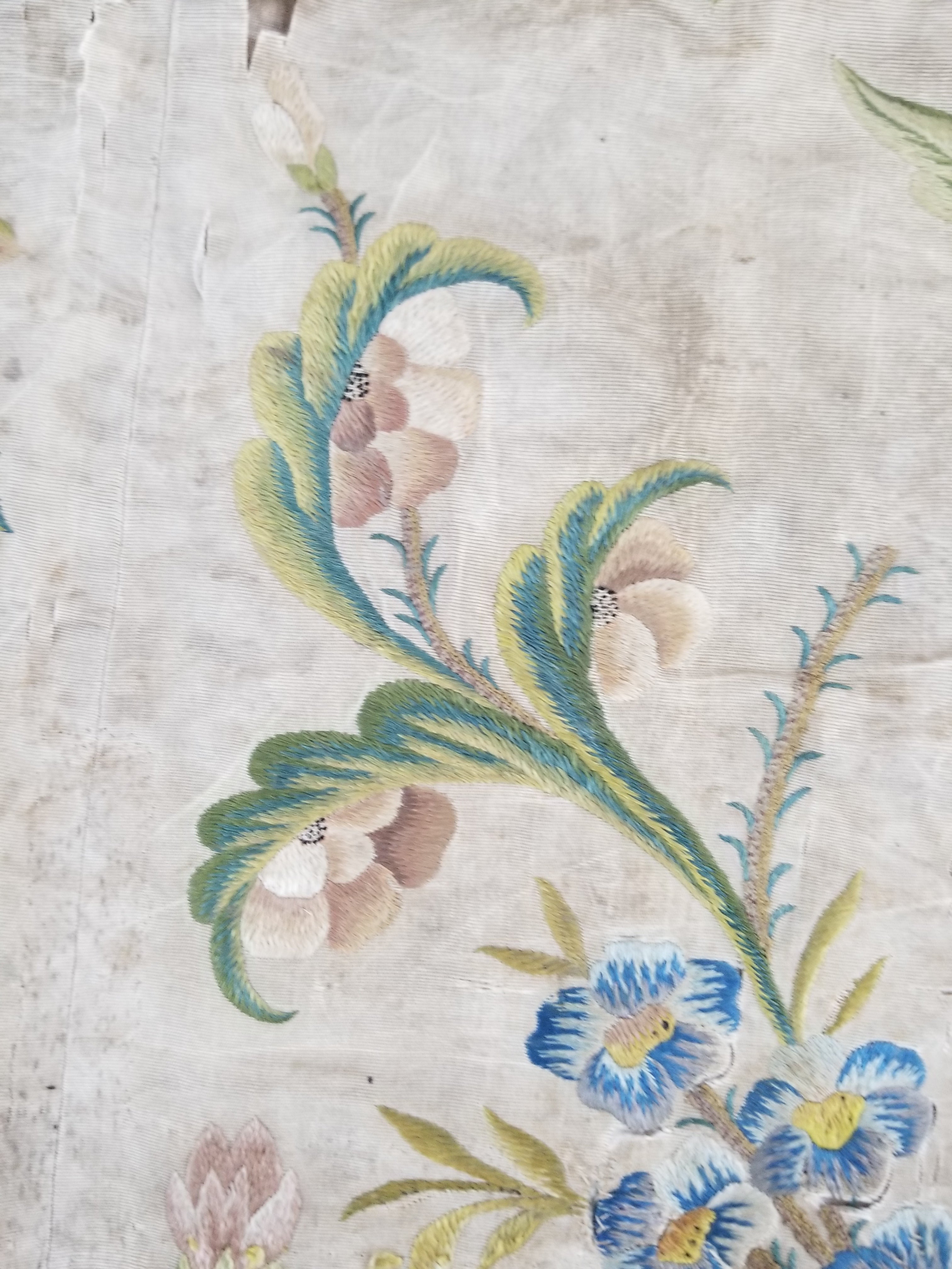 Antique Hand Embroidered Chinoiserie Floral Silk Panel 57x47cm