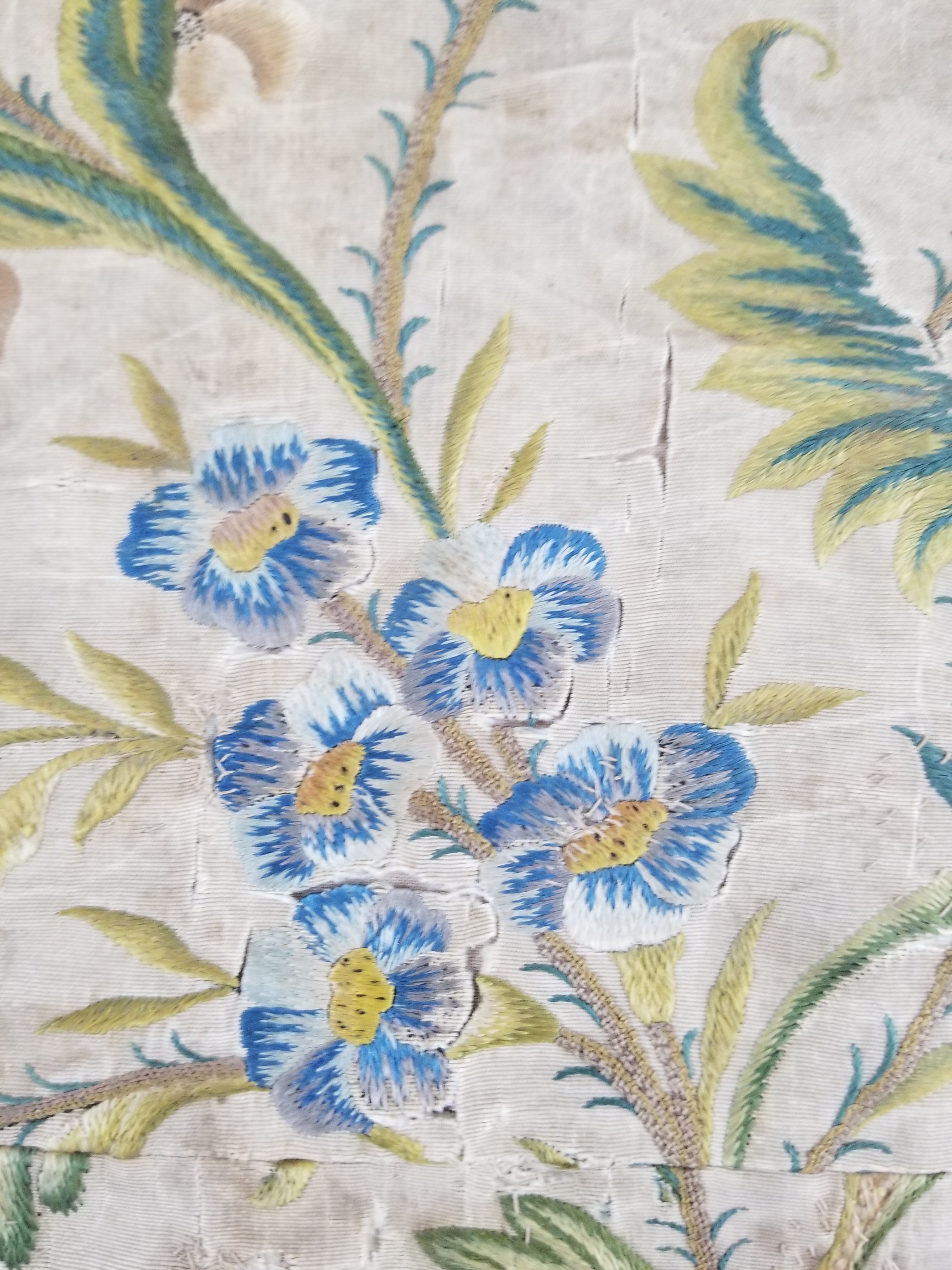 Antique Hand Embroidered Chinoiserie Floral Silk Panel 57x47cm