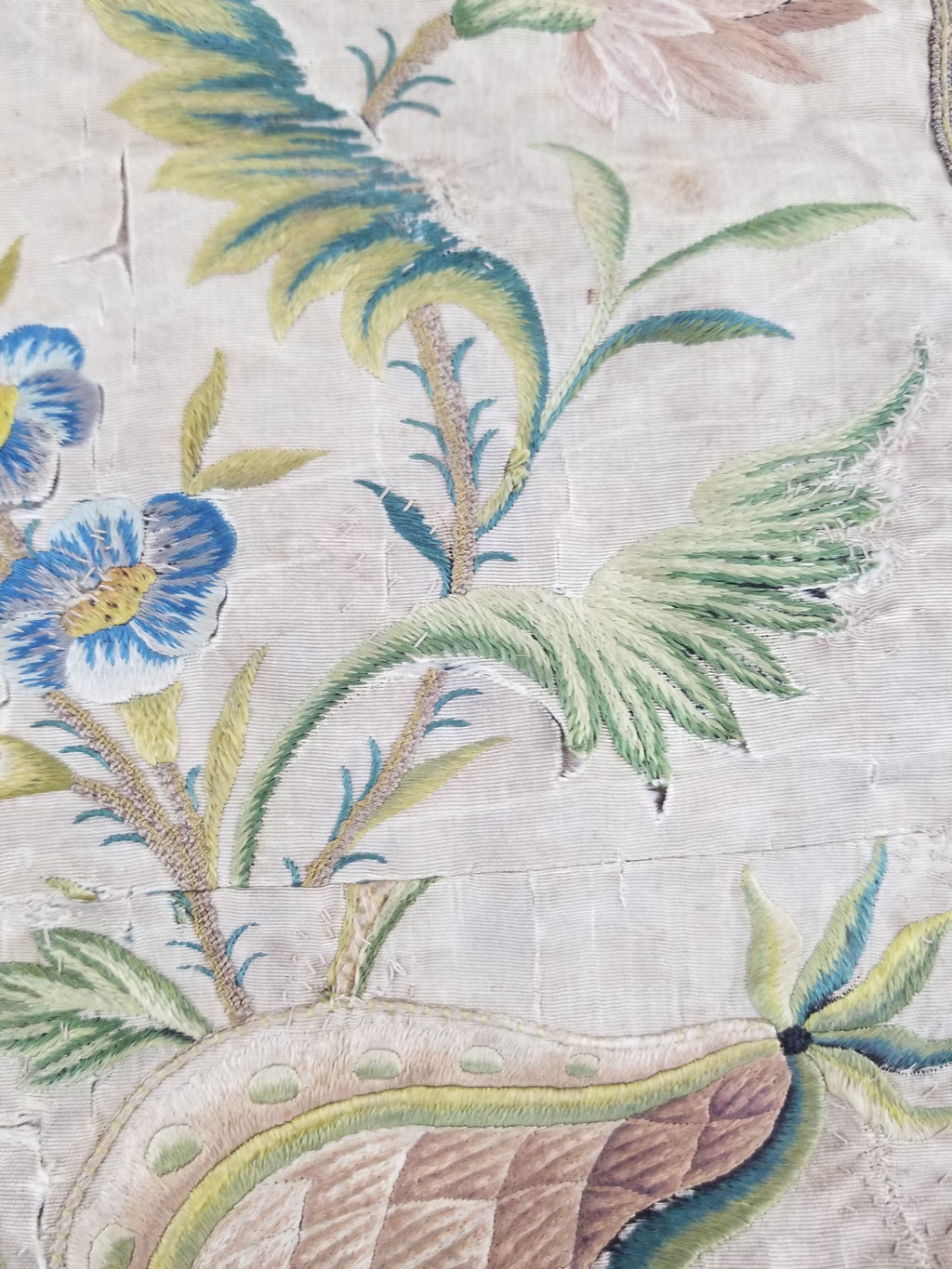 Antique Hand Embroidered Chinoiserie Floral Silk Panel 57x47cm