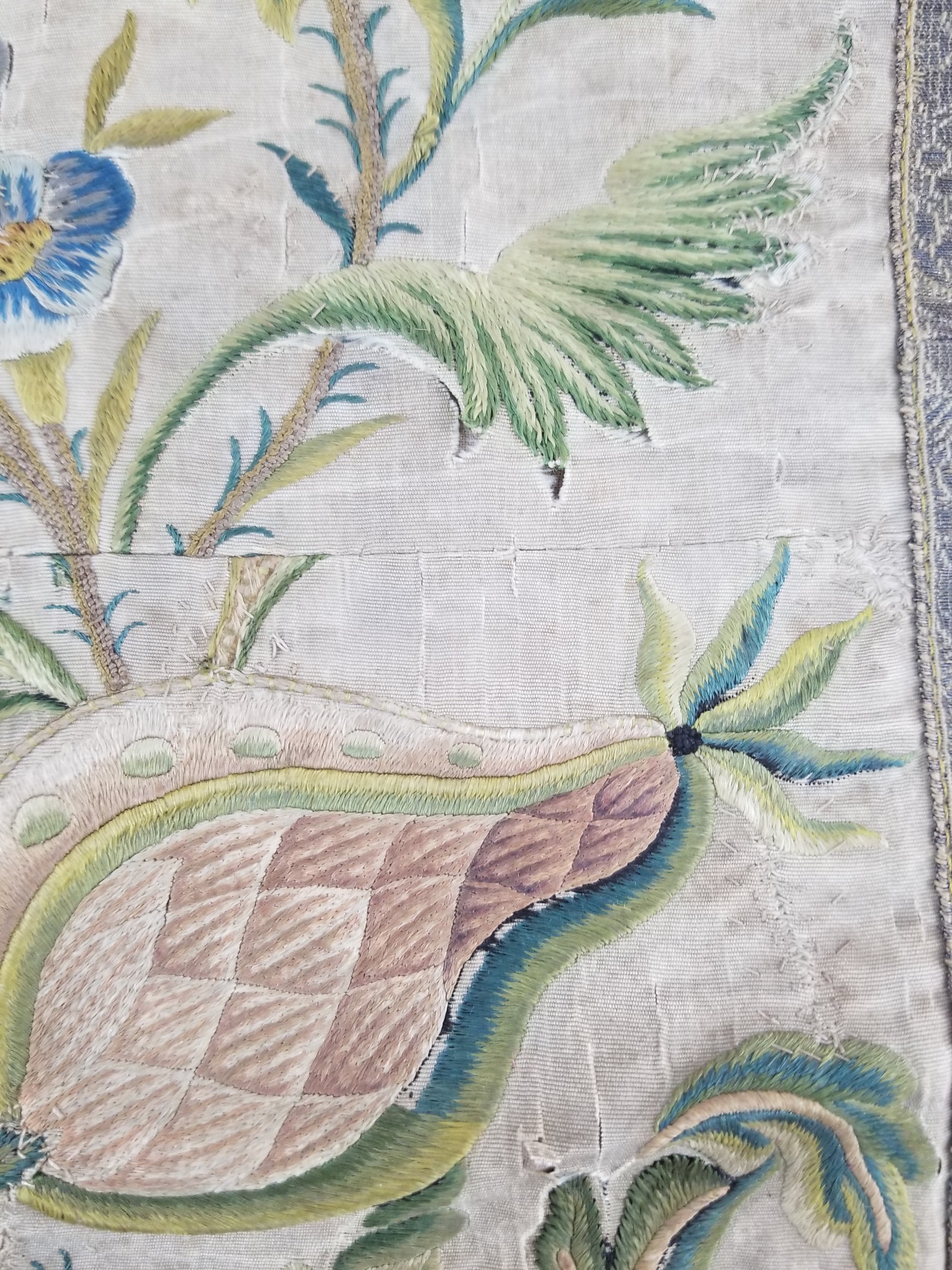 Antique Hand Embroidered Chinoiserie Floral Silk Panel 57x47cm