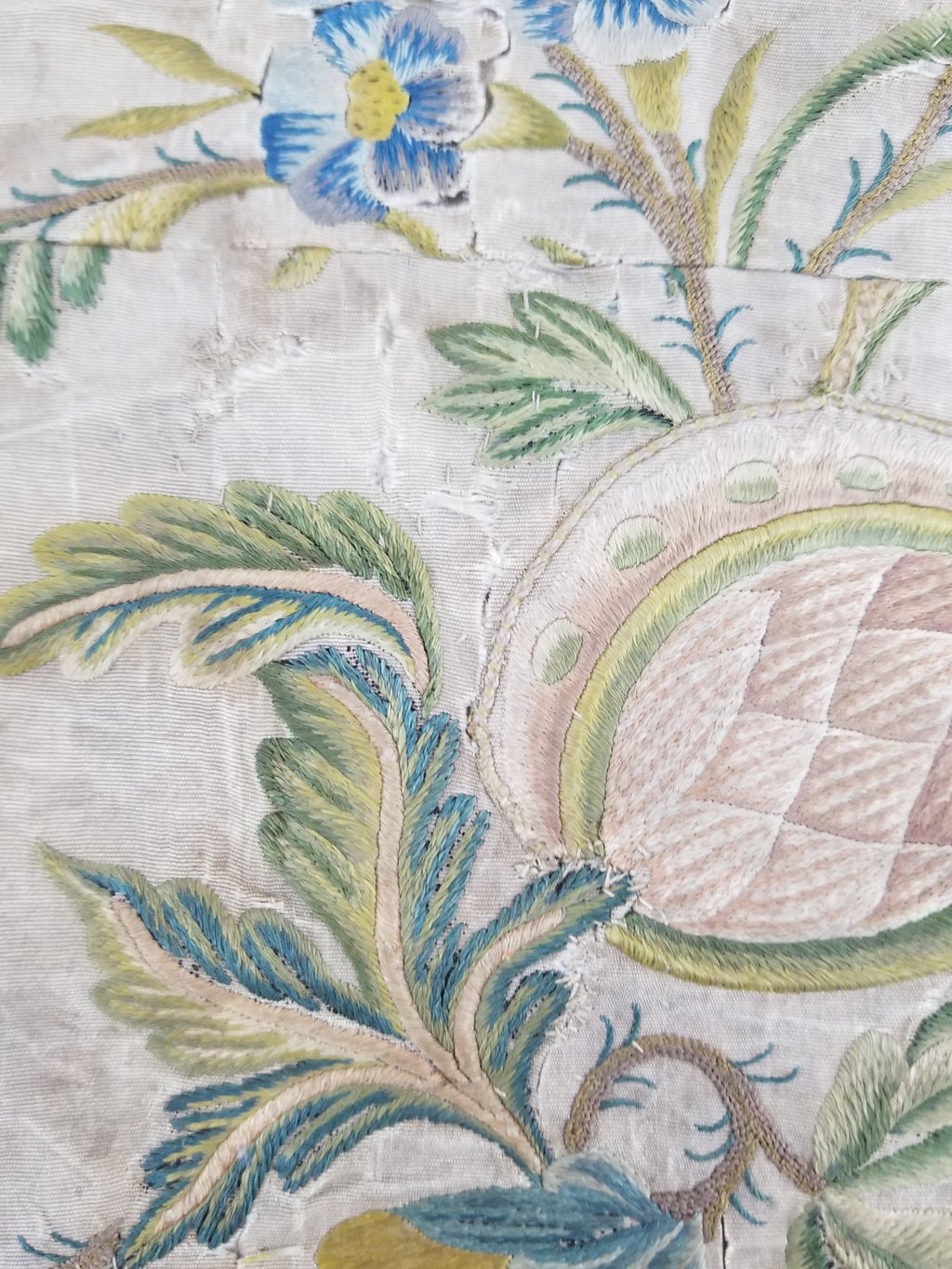 Antique Hand Embroidered Chinoiserie Floral Silk Panel 57x47cm