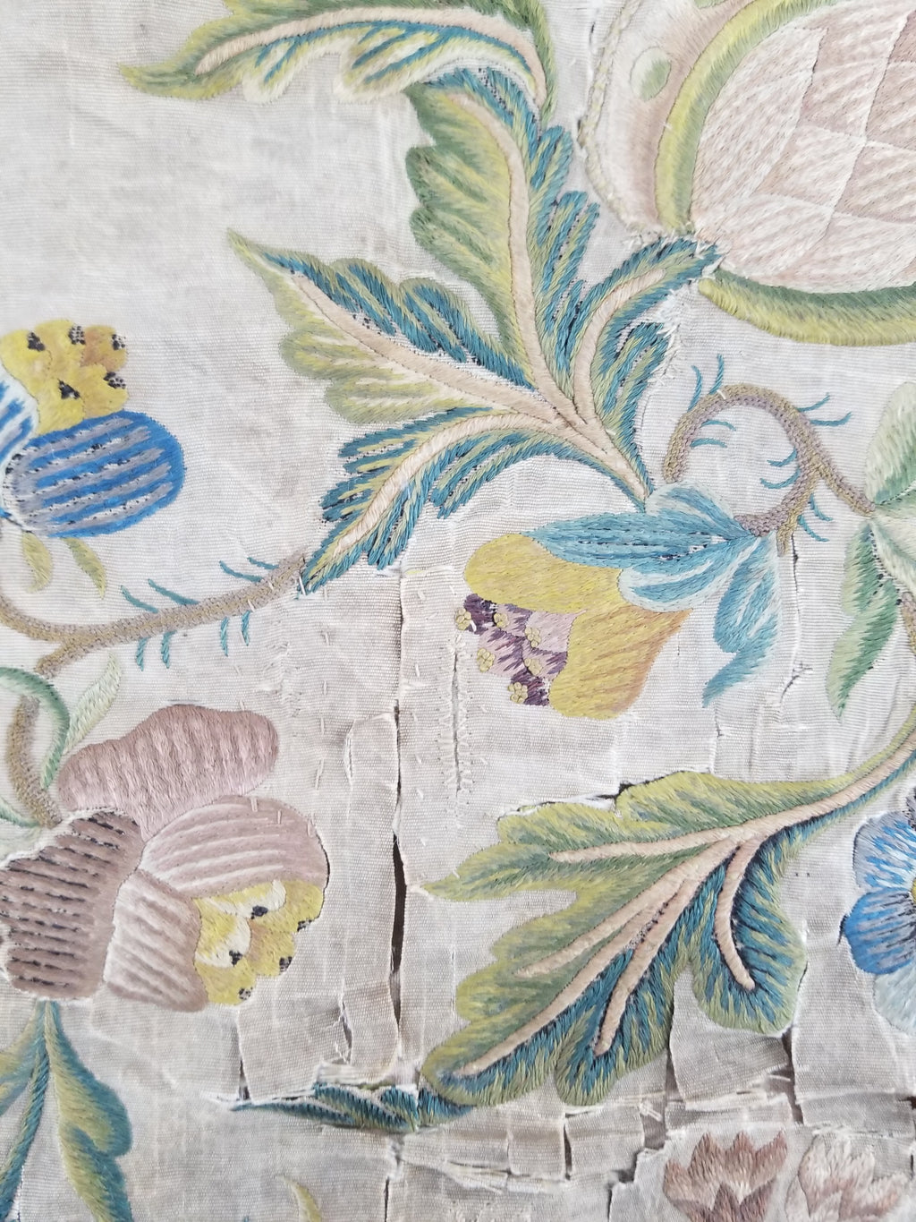 Antique Hand Embroidered Chinoiserie Floral Silk Panel 57x47cm