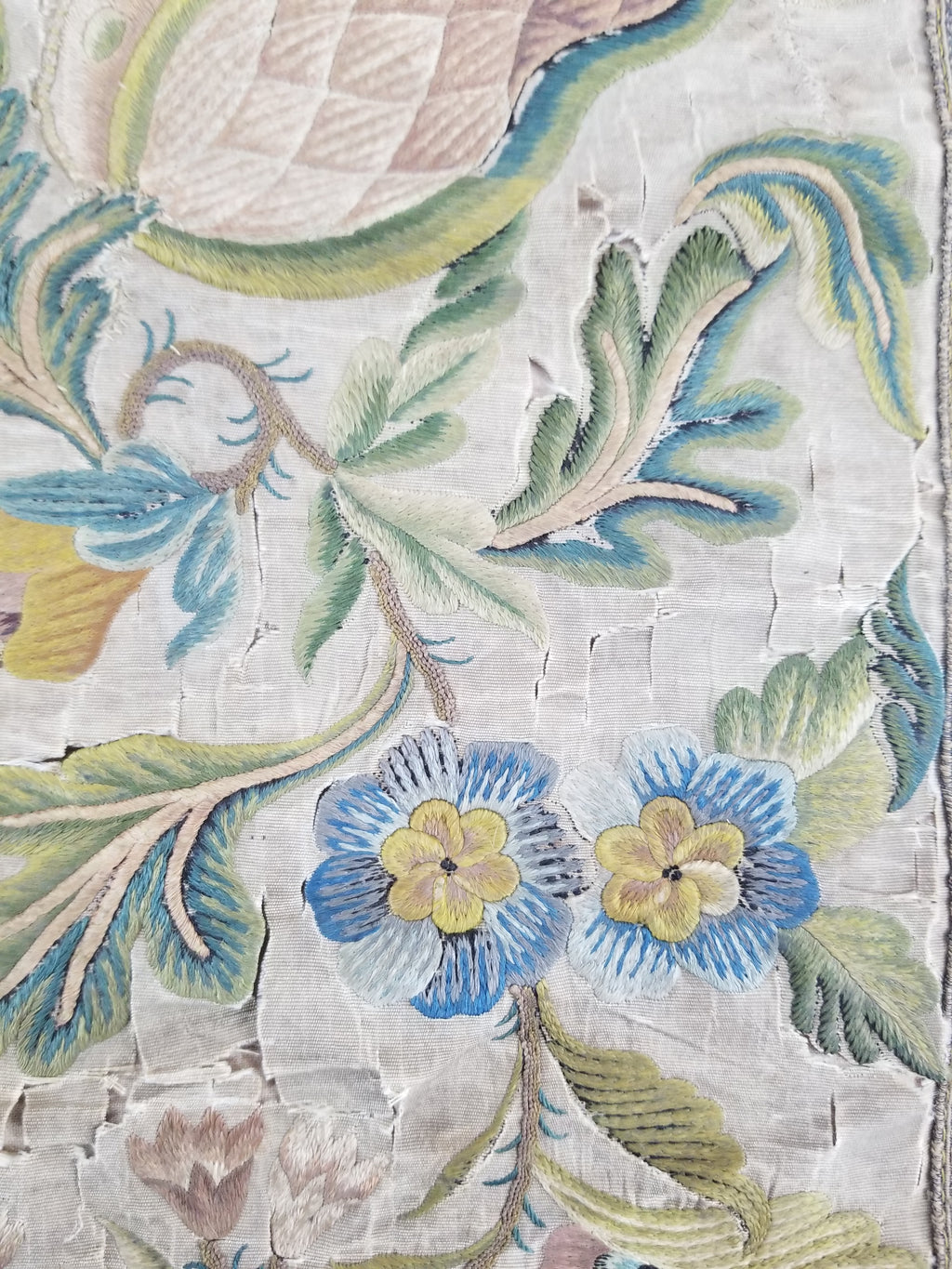 Antique Hand Embroidered Chinoiserie Floral Silk Panel 57x47cm