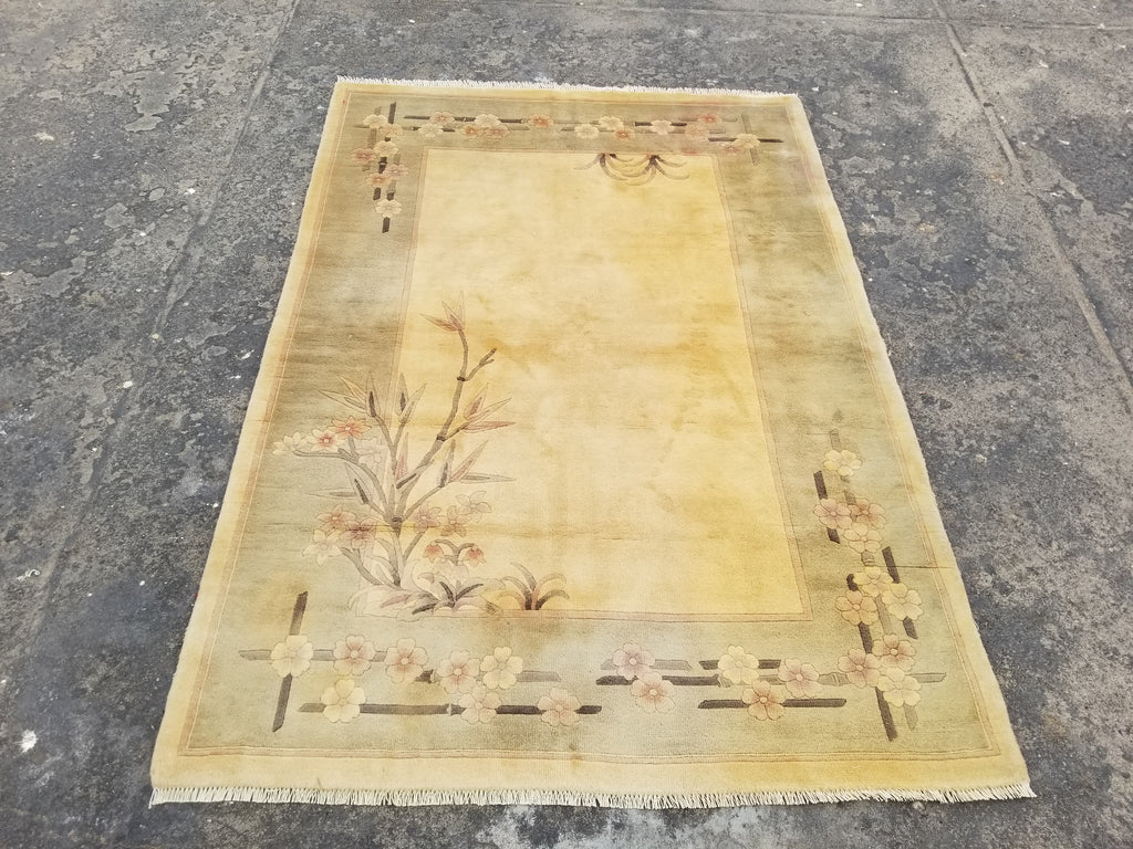 Vintage Traditional Handmade Chinese Silk Floral Beige Rug 198x137cm