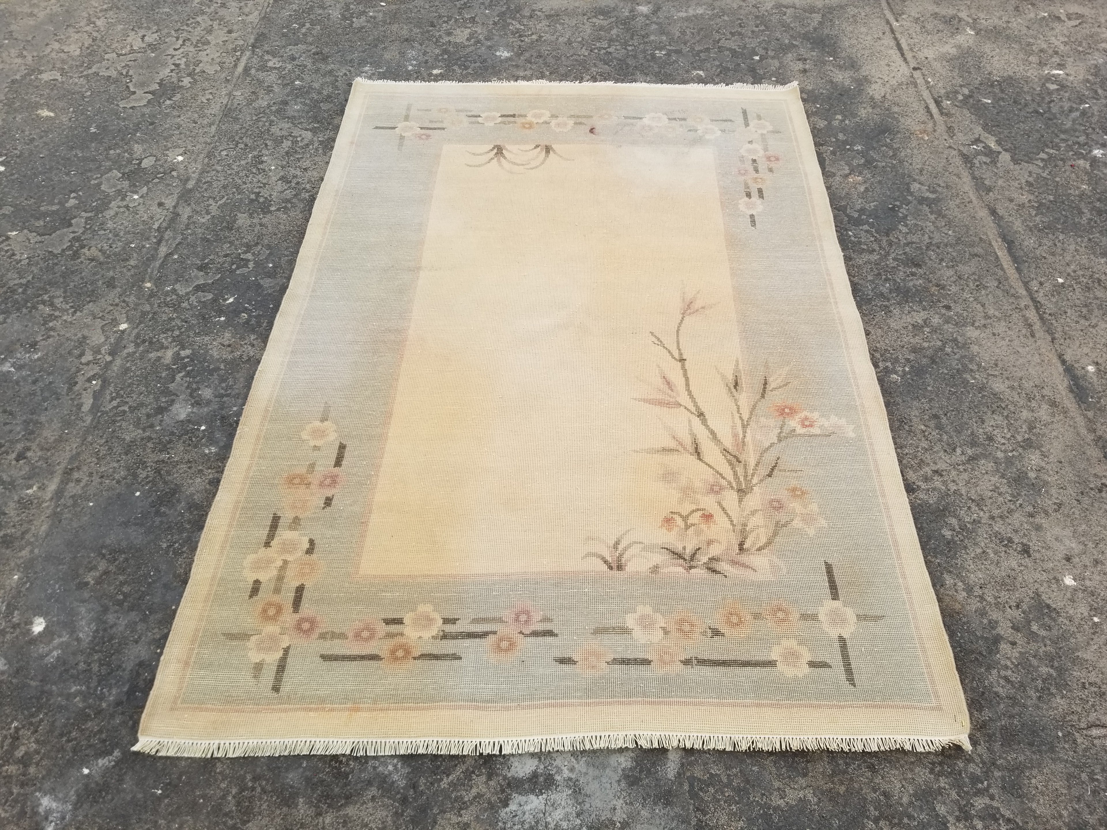 Vintage Traditional Handmade Chinese Silk Floral Beige Rug 198x137cm