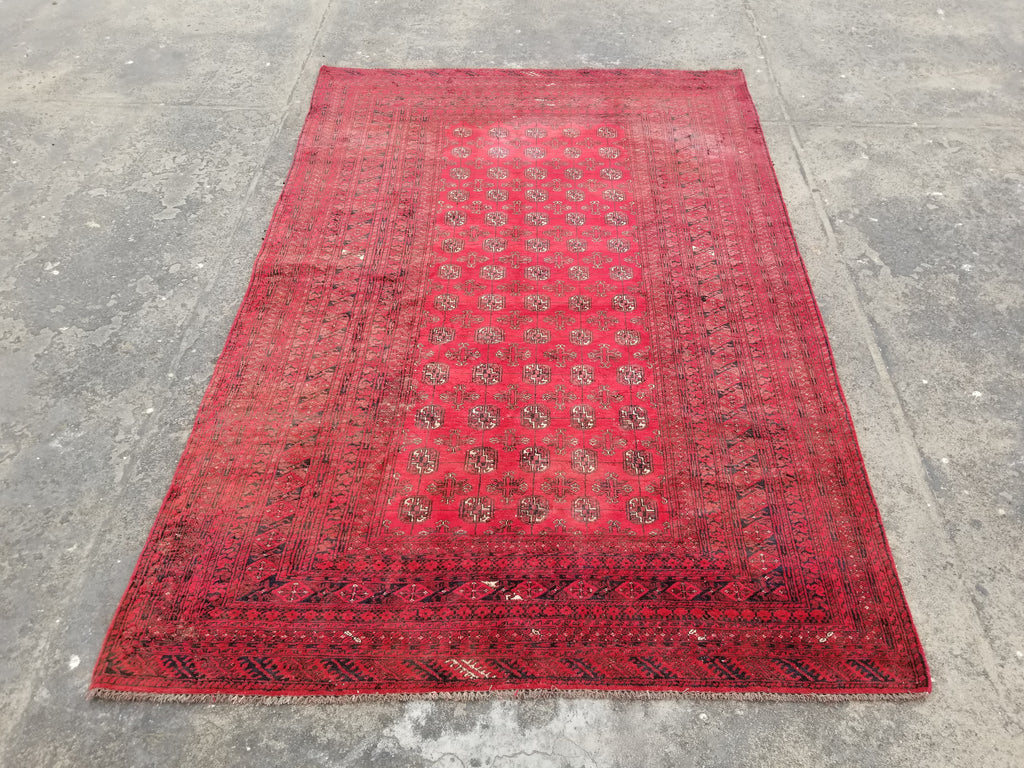 Distressed Antique Handmade Afghan Turkomen Wool Multicolor Rug 287x188cm