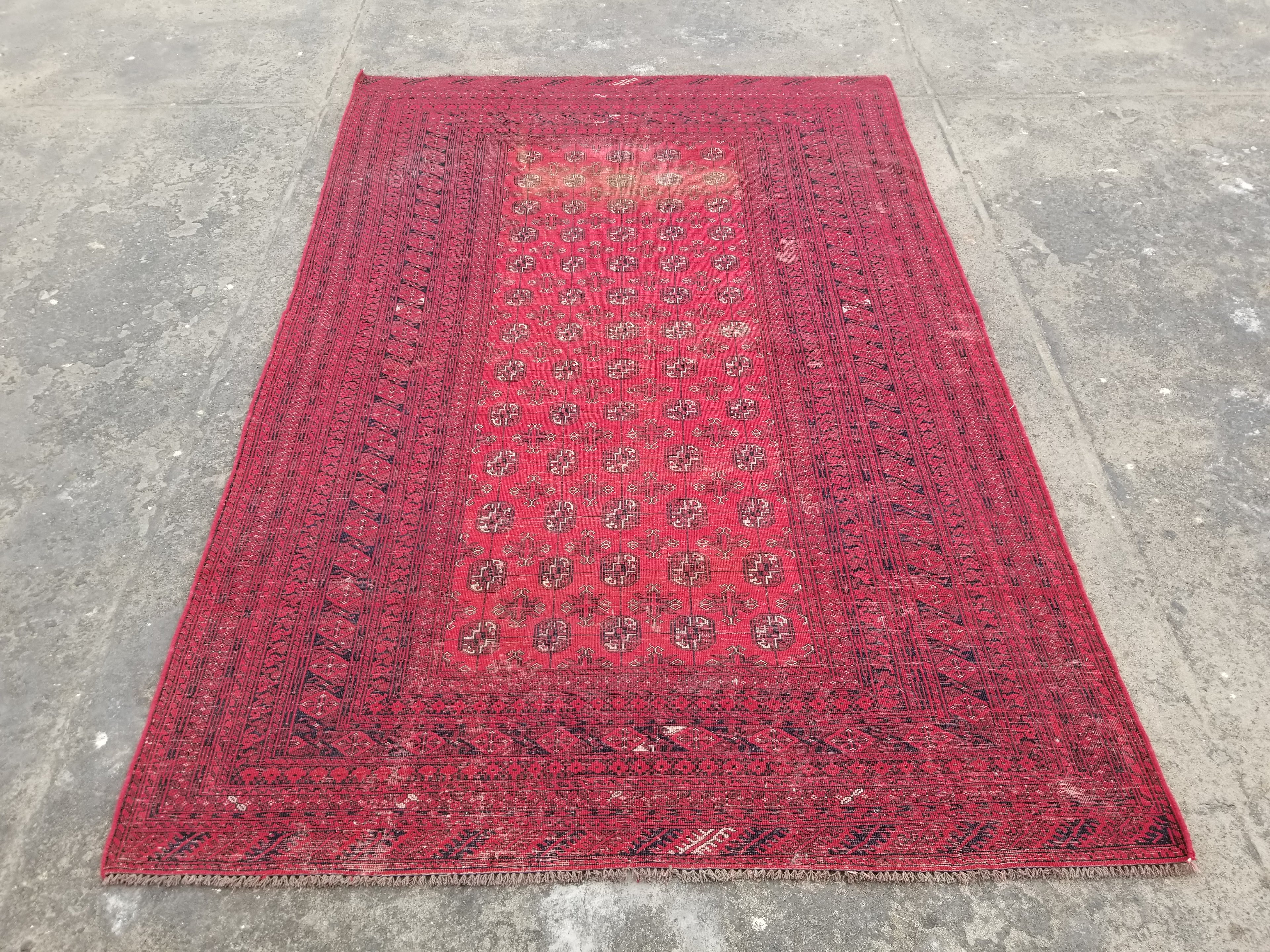 Distressed Antique Handmade Afghan Turkomen Wool Multicolor Rug 287x188cm